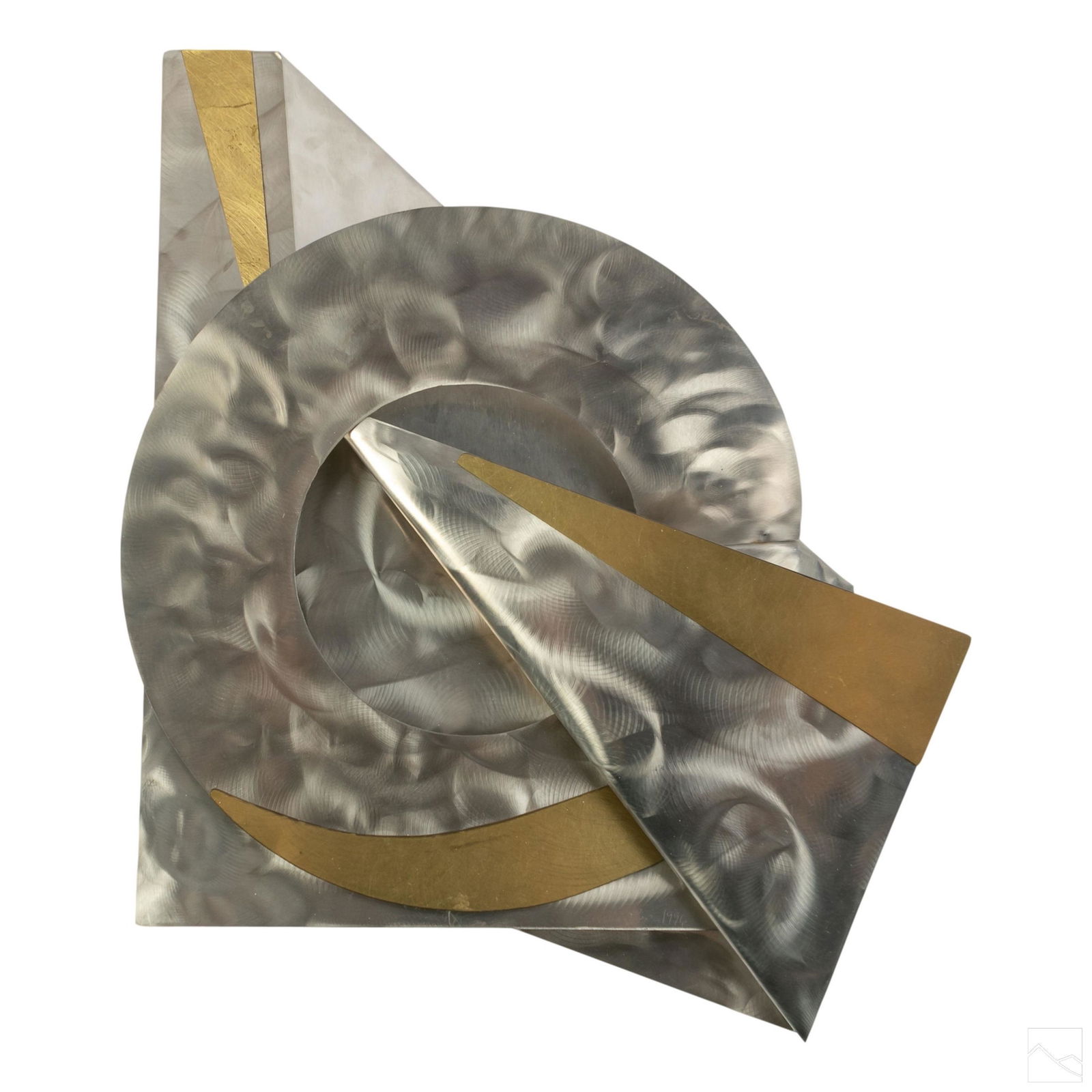 Abstract Modern Mixed Metal Wall Hanging Sculpture: Modernist mixed media hanging wall sculpture. Modeled in polished steel and brass. SHIPPINGHill Auction Gallery will not ship. Gallery will refer a local shipper for international buyers. Purchaser pi