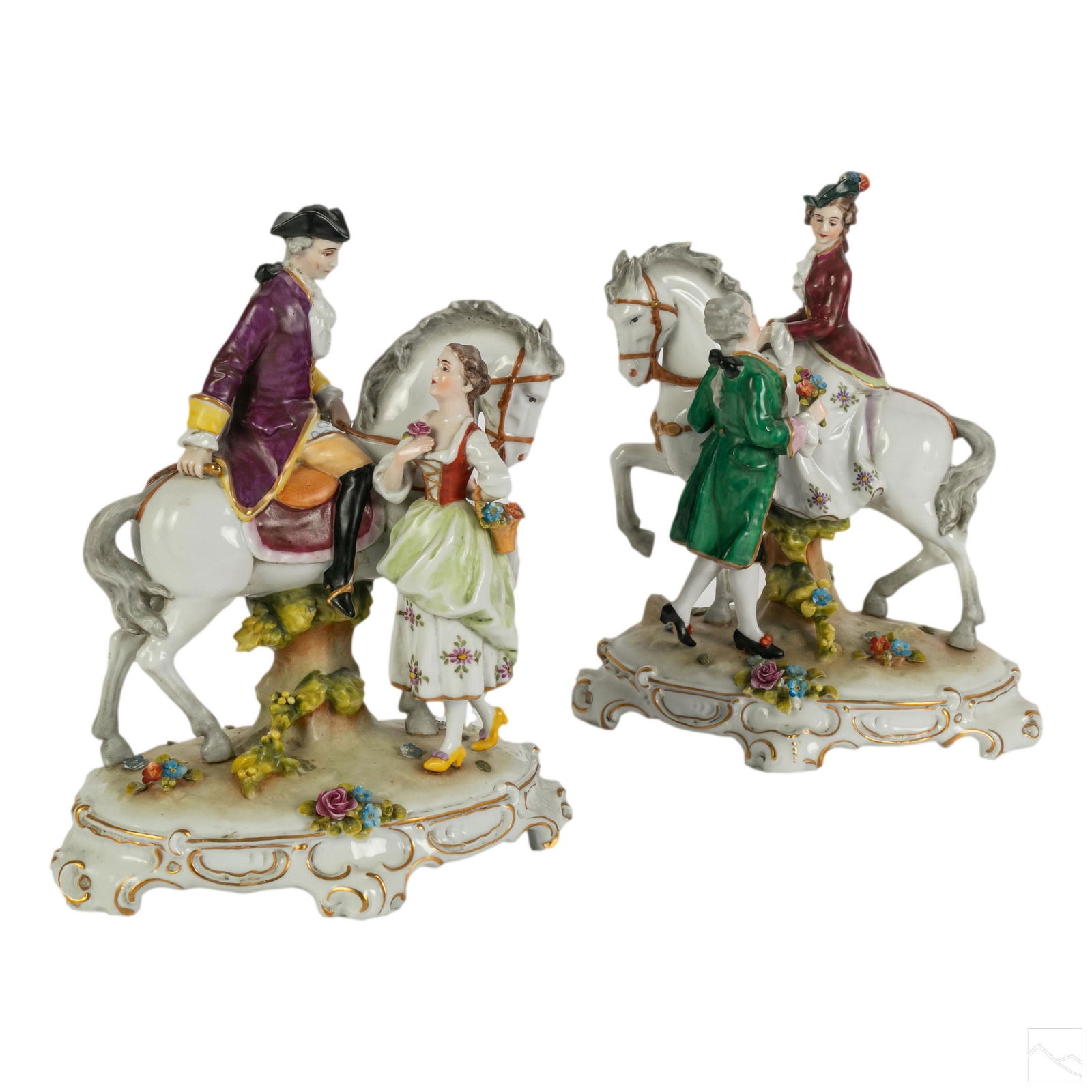 Royal Vienna Porcelain Horse and Lovers Figurines: Group of two Royal Vienna Austrian German porcelain equine figural sculptures. Each depicts a pair of courting lovers and a white horse. Signed Germany, with blue bee hive mark. SHIPPINGHill Auction G