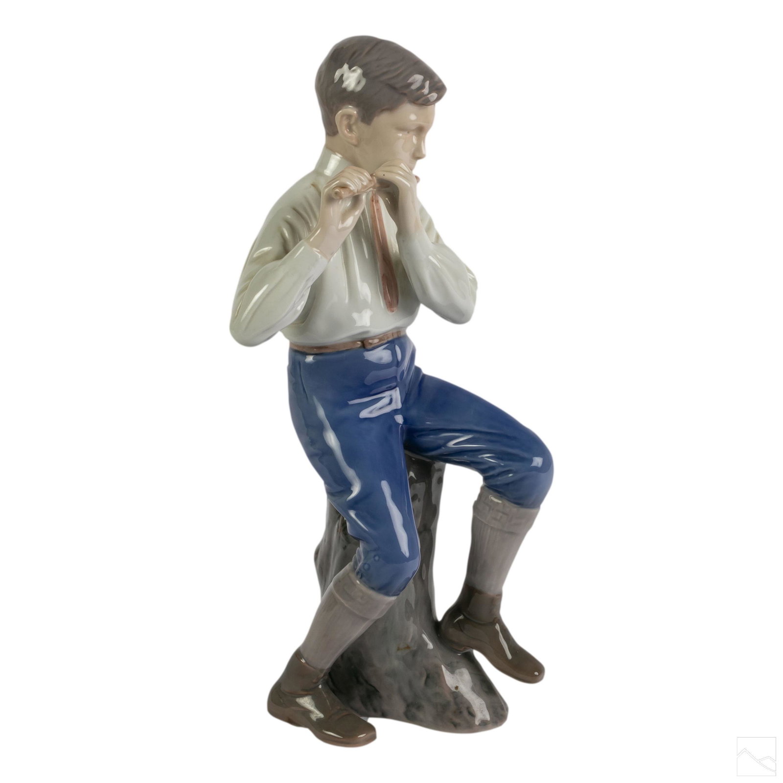 Bing & Grondahl Flute Player #1897 Figurine Statue: Vintage B&G Royal Copenhagen fine porcelain musical figure of a seated boy on tree stump, playing a flute. Signed and # 1897 to bottom. SHIPPING Hill Auction Gallery will offer in-house continental US