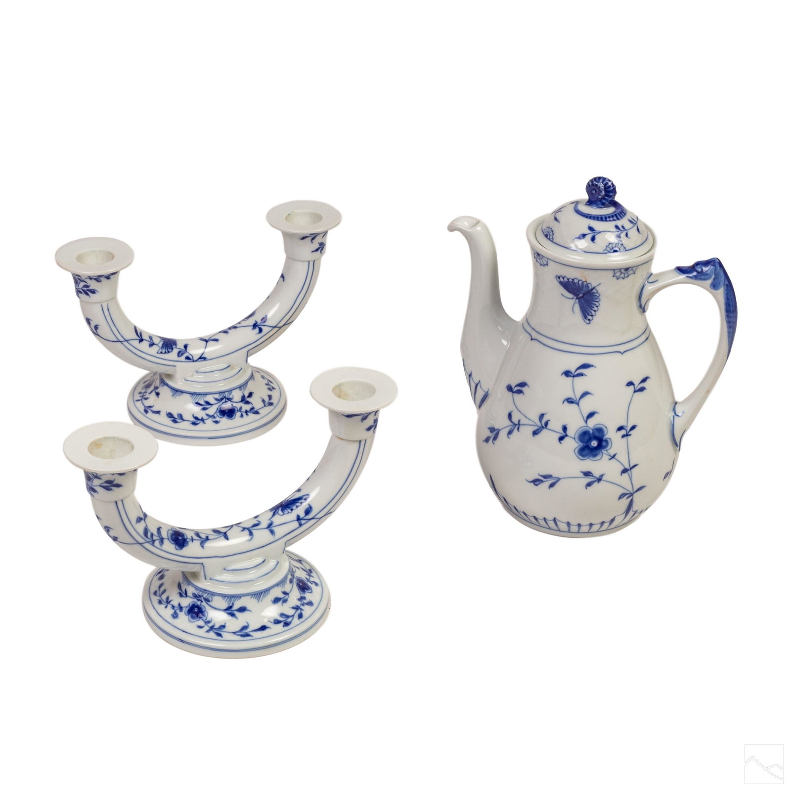 Bing & Grondahl Butterfly Candlesticks and Teapot: Bing & Grondahl (Danish). Pair of double branch candlesticks and teapot. Hand painted blue and white underglaze decoration in the Butterfly pattern. Signed with B&G backstamp. Candlesticks approximate