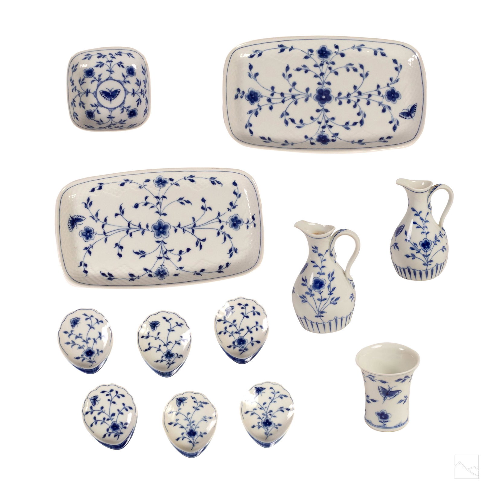 Bing & Grondahl Butterfly Porcelain Server 12 Pcs: Bing & Grondahl (Danish). Group of 12 fine quality porcelain pieces. Hand painted blue and white underglaze decoration in the Butterfly pattern. Includes: two 6 in x 10 3/4 in. rectangular asparagus d