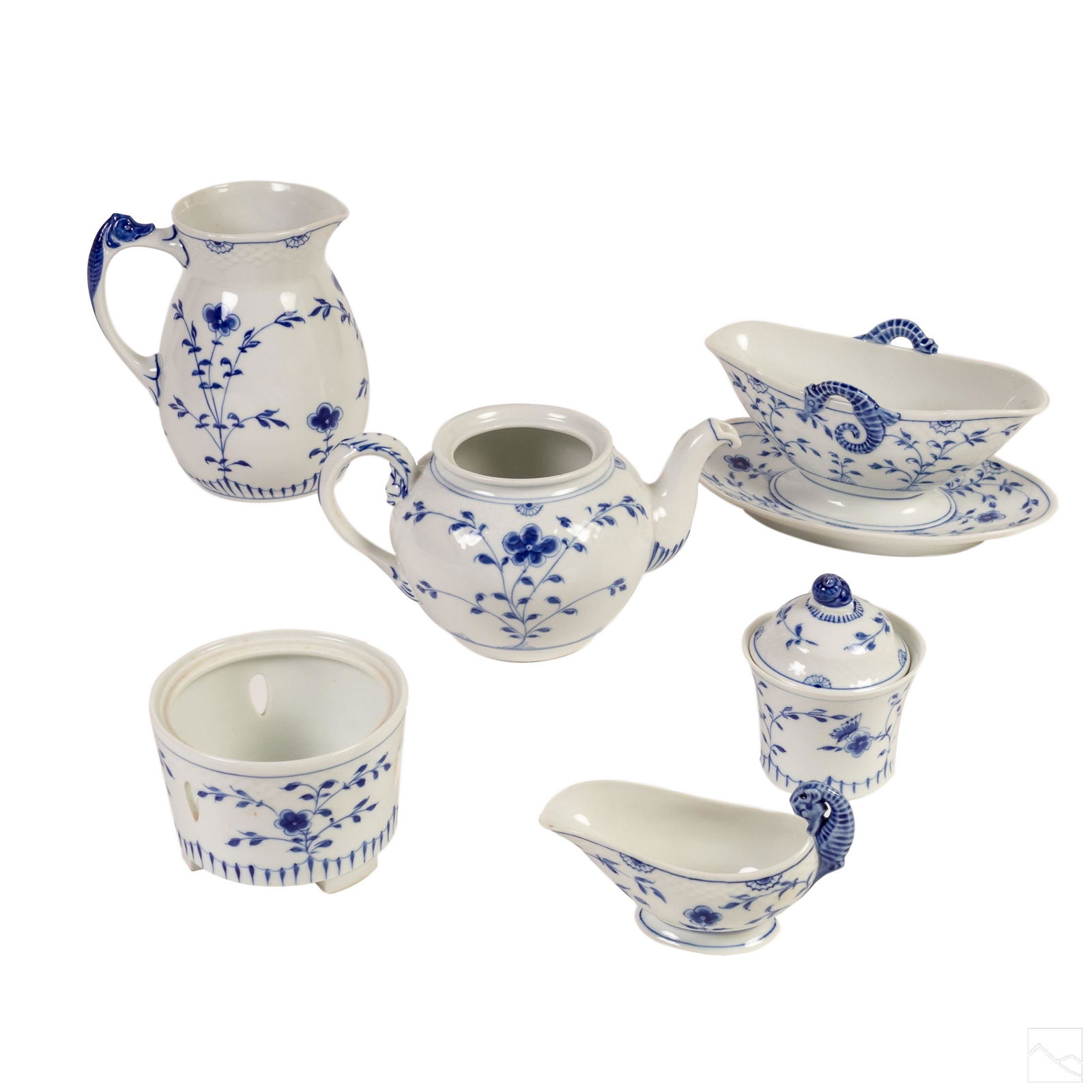 Bing & Grondahl Blue Flower Porcelain Server GROUP: Bing & Grondahl (Danish). Group of six fine quality porcelain items. Hand painted with blue flowers in the traditional pattern. Includes: one 6 3/4 in. water pitcher; one 4 1/2 in. teapot (no lid); on
