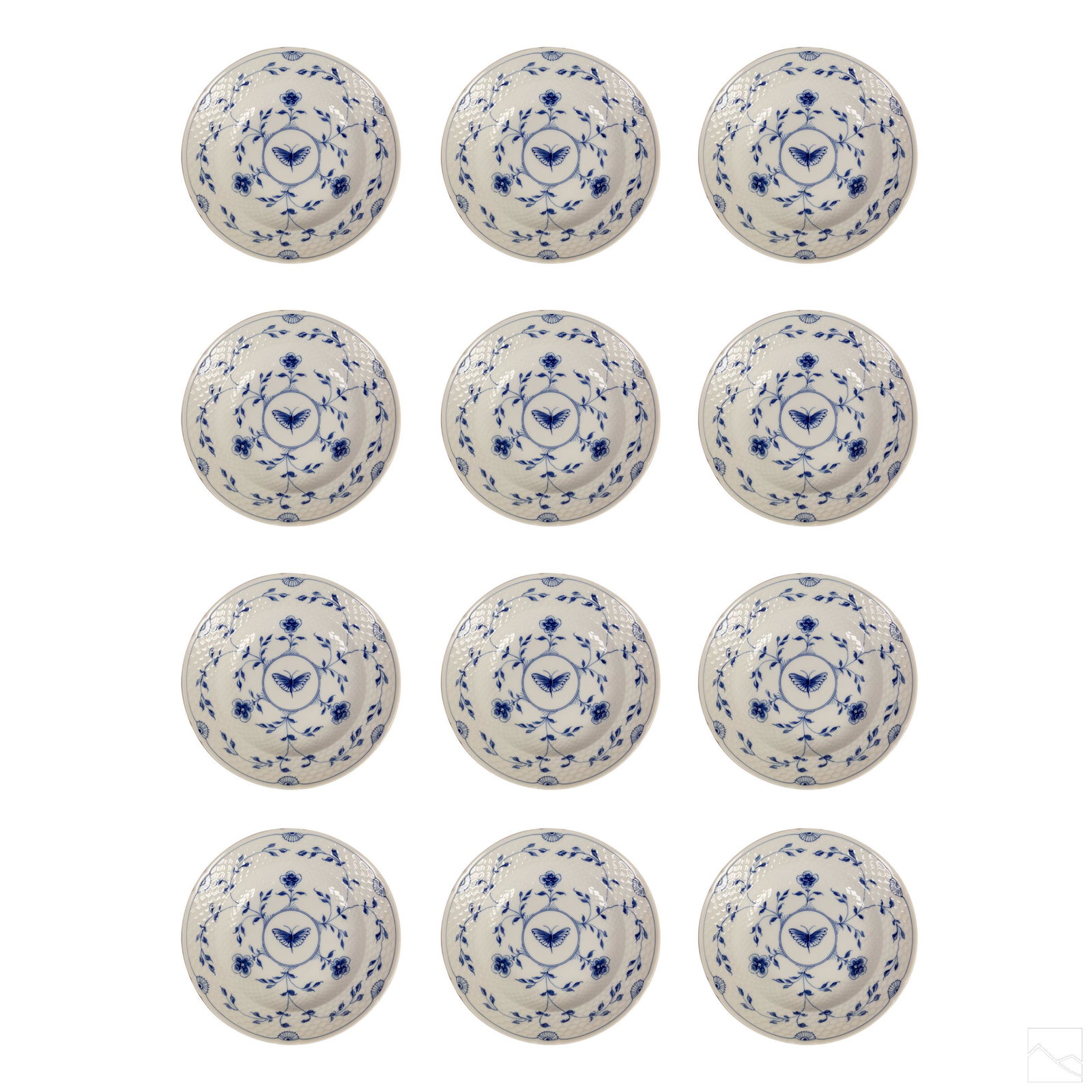 Bing & Grondahl B&G Butterfly Porcelain Bowl 12 Pc: Bing & Grondahl (Danish). Set of 12 fine quality porcelain bowls in the Butterfly pattern with hand painted blue and white underglaze decoration. Signed with Bing & Grondahl B&G backstamp. SHIPPING Hi