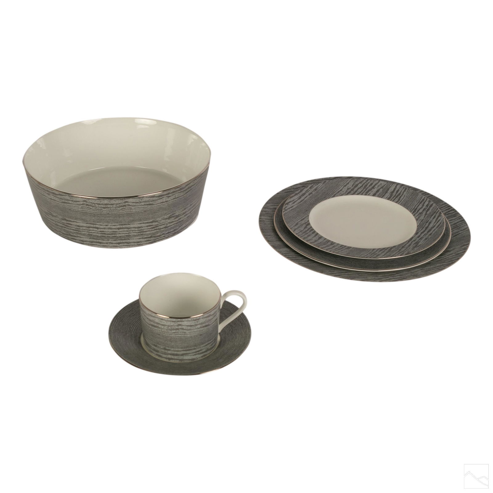 Michael Aram Waterford Porcelain 50 Pc Dinner Set: Fifty piece dinner service set designed by Michael Aram for Waterford. Crafted of fine quality Bone China Porcelain. Features the Wood Grain pattern in gray and platinum finishes. Six piece service fo