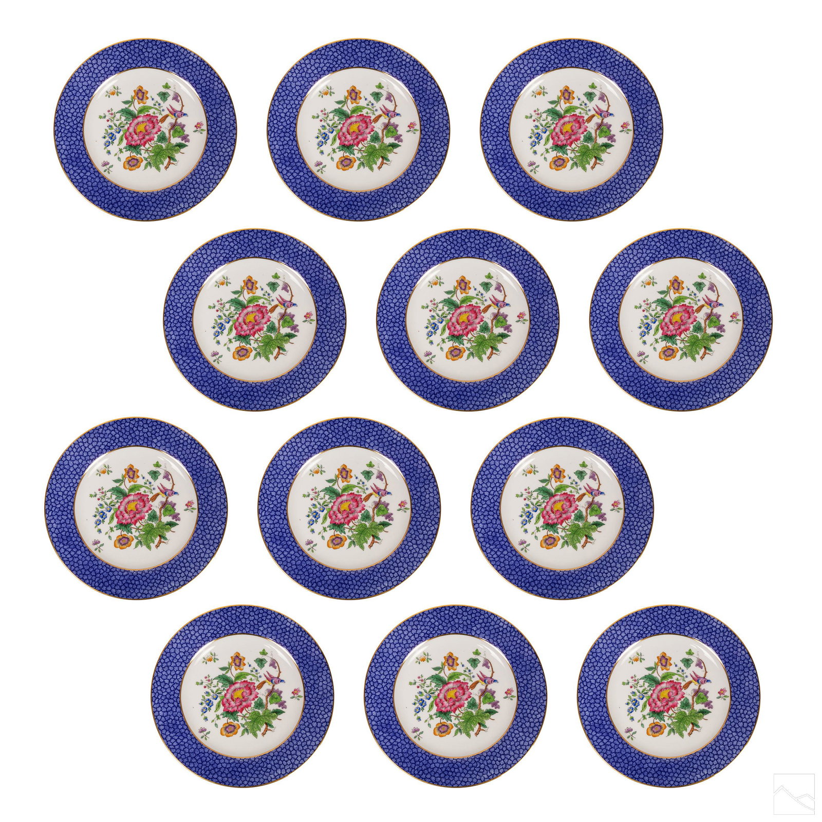Spode Davis Collamore Bird Butterfly 9" Plate SET: Spode Copeland (English). Set of 12 polychrome salad plates produced for Davis Collamore & Co. Hand painted flora and bird motif, with blue and gold borders. Marked DAVIS COLLAMORE & CO. FIFTH AVENUE 