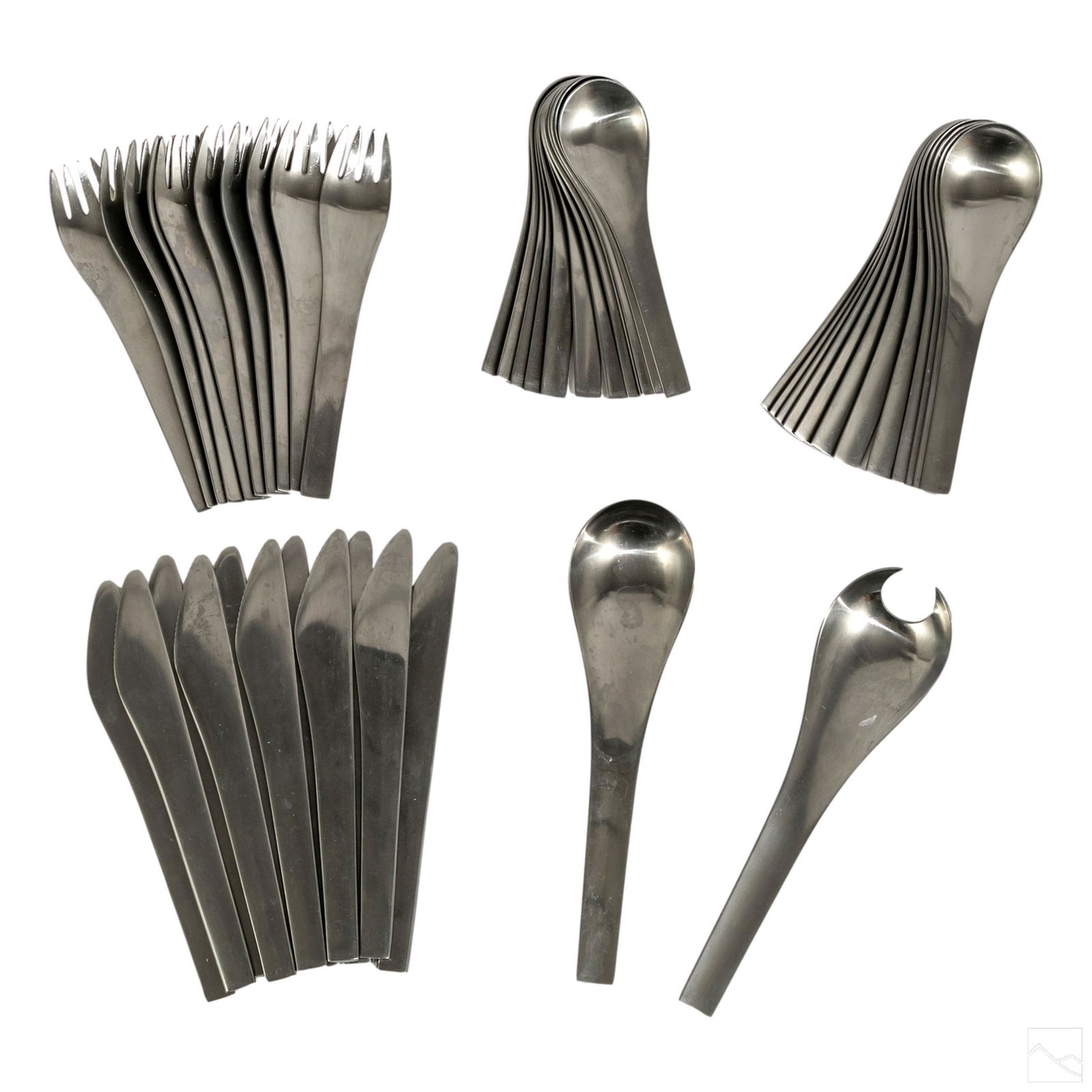 Georg Jensen Blue Shark Steel 48 Pcs Flatware Set: Rare collection of 48 pieces of Georg Jensen flatware in the Blue Shark pattern. Features the following: (11) 7 1/2 in. modern solid knife, (11) 4 in. forks, (12) 5 3/4 in. large youth spoons, (12) 6