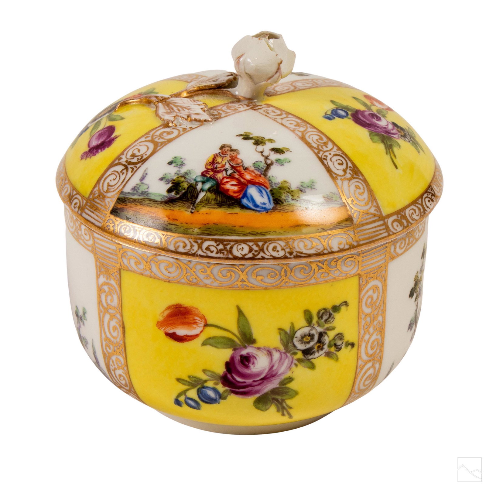 Meissen German Porcelain Lovers & Flora Lidded Box: Meissen (German). Porcelain vanity box lidded jar. Encircling alternating scenes of lovers and flora. Profuse gild scrolling and decoration in rococo patterns. Lid has scenes as above and a high relie