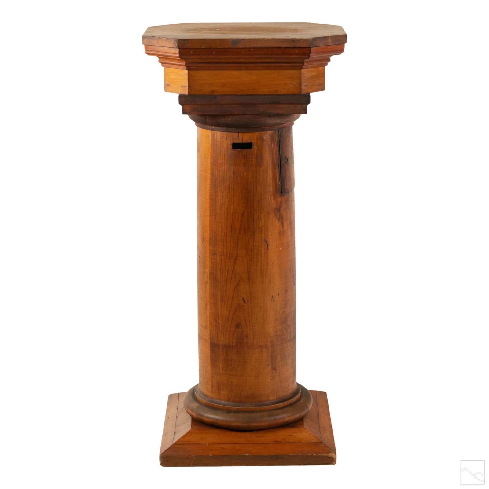 French Antique Wood Charity Box with Pedestal Base: Antique religious wooded charity box. Pedestal trinity offering box bears the word "Offrandes" in red lettering, under a 2 in. x 1/2 in. slot. Small door at side of pedestal; side latch is locked. No