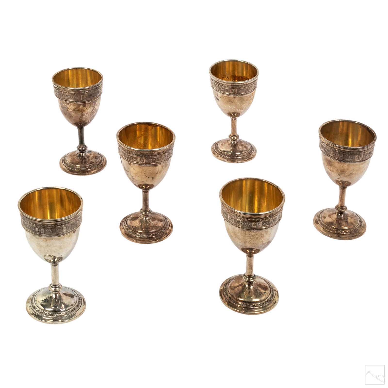 Wedgwood International Sterling Silver Goblets Set: Group of six Wedgwood sterling silver drinking vessel goblets. International Sterling P65 Wedgwood Patented. Weighs 1048 grams. SHIPPING Hill Auction Gallery will offer in-house continental USA shippi