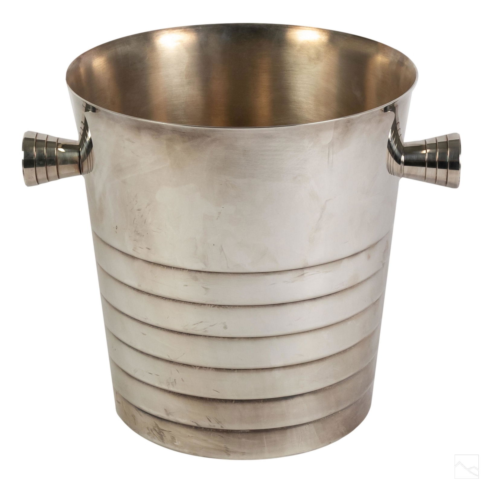 Christofle French Vintage Silver Plate Ice Bucket: Vintage Christofle French wine cooler, ice bucket. Streamline design. Signed on bottom. SHIPPINGHill Auction Gallery will offer in-house continental USA shipping for $45 plus insurance. Gallery will r