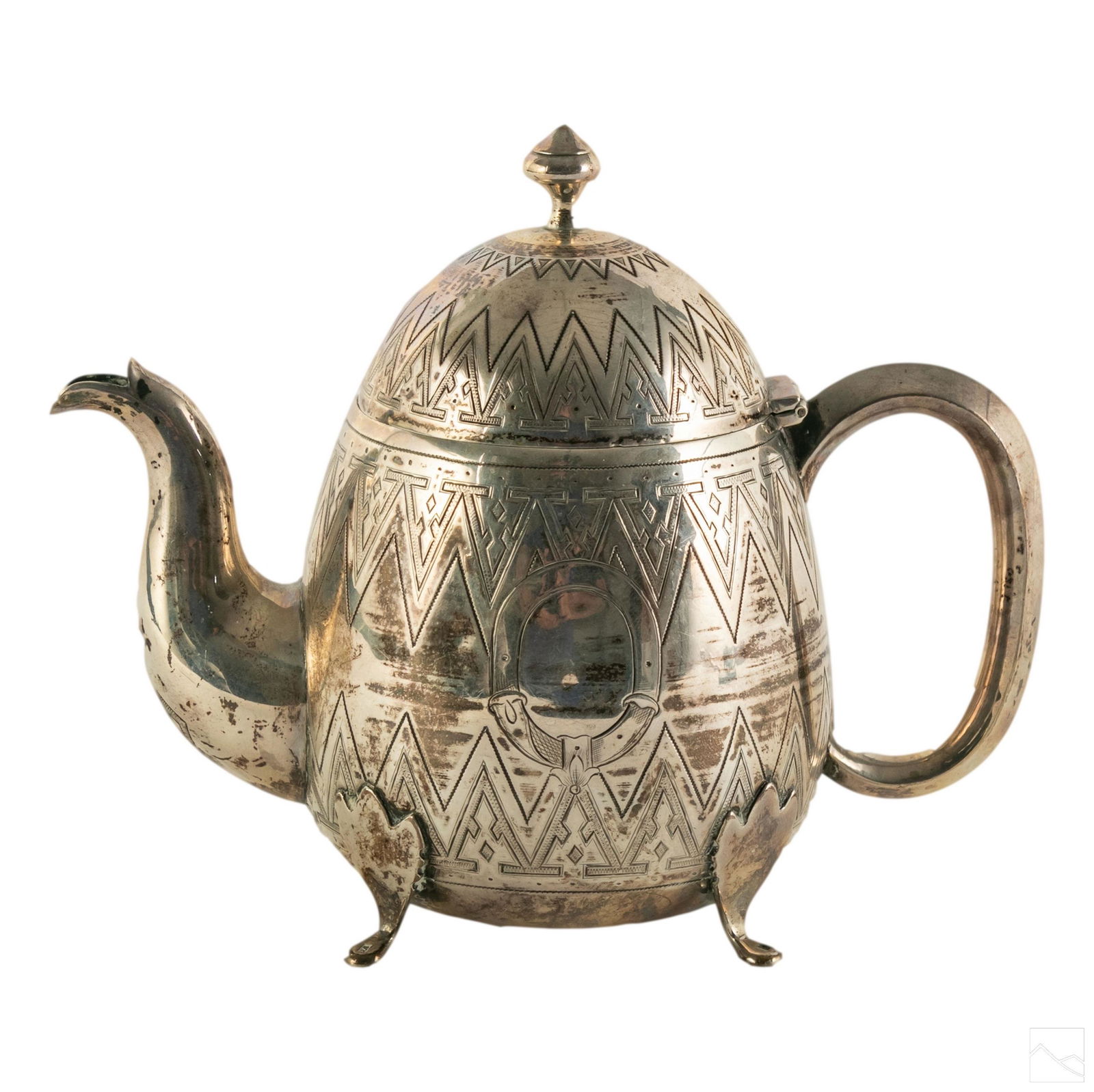 Russian Antique 84 Silver Engraved Teapot 257 gram: Antique Russian .84 fine silver teapot. Decorated with encircling pointed geometric pattern and oval medallions for monogram. Not monogrammed. 257 grams. Marked 84 and makers mark. SHIPPINGHill Auctio