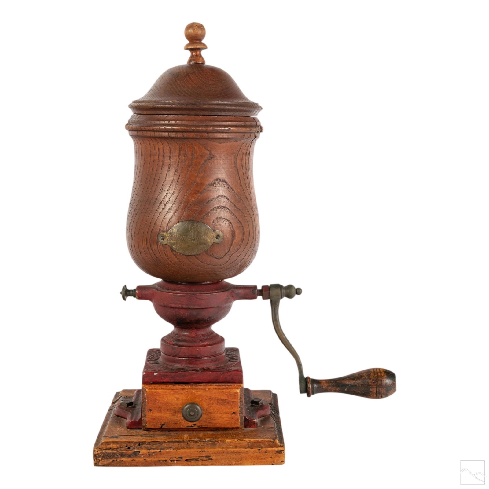 Italian Antique Wood Iron Table Top Coffee Grinder: Antique table top primitive coffee grinding mill. Wood base and body with cast iron center. Small drawer that opens, and fitted lid at the top. Marked on iron "Marca Deposita". SHIPPINGHill Auction Ga