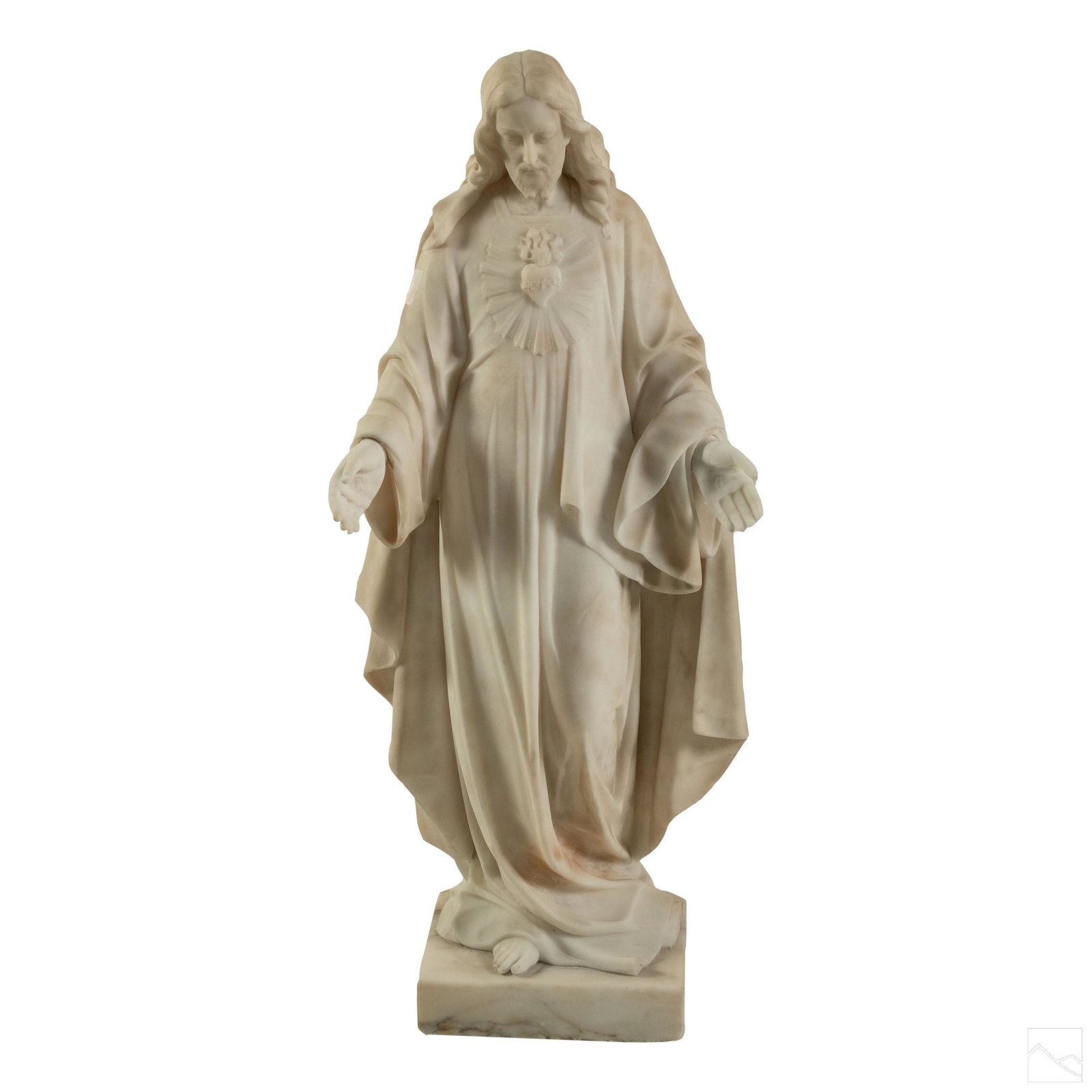 Carved White Marble Vintage Jesus Christ Sculpture: Vintage finely carved marble statue of Jesus. Detailed features with arms reached out, and sacred heart with crown of thorns at center. SHIPPING Hill Auction Gallery will not ship. Gallery will refer 