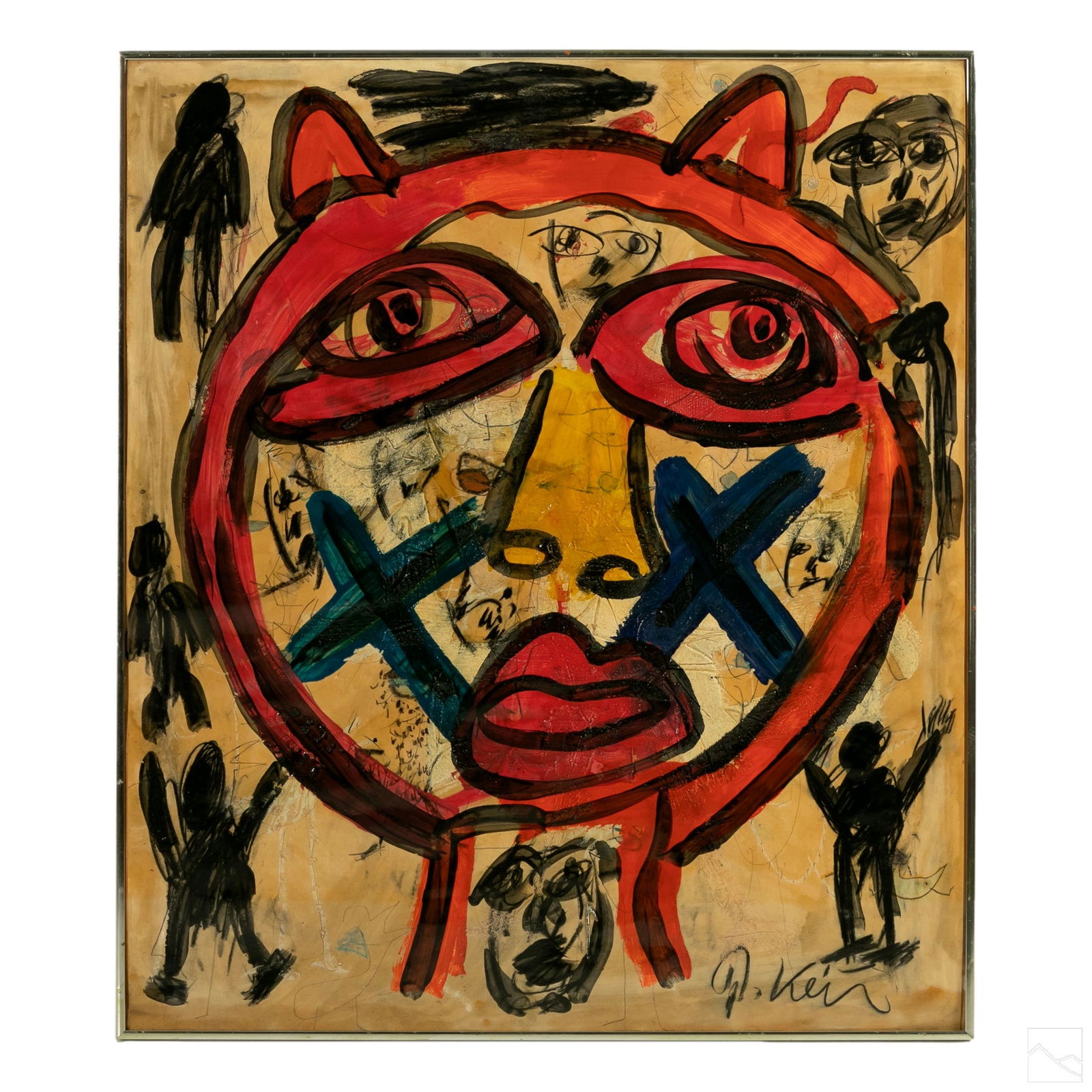 Peter Keil b.1942 Abstract Expressionist Painting: Peter Keil (German, born 1942). Expressionist oil painting on heavy paper, titled "Kitty In The City." An abstract central anthropomorphic feline figure surrounded by other forms. Presented in a Moder