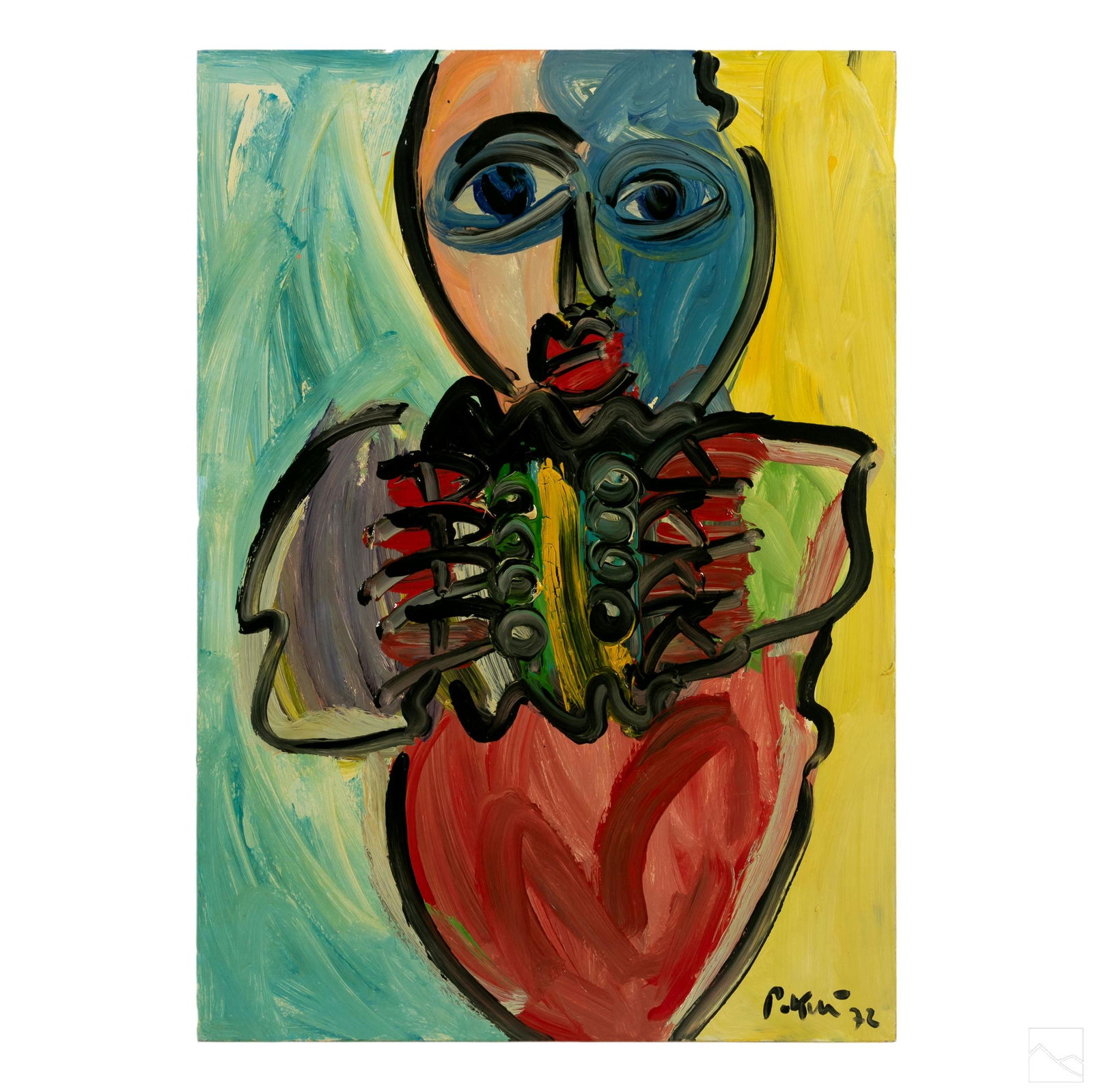 Peter Keil b.1942 Abstract Expressionist Painting: Peter Keil (German, born 1942). Expressionist oil painting on board, titled "The Squeezebox." An abstract central female figure playing a musical accordion instrument. Unframed. Artist signed and date