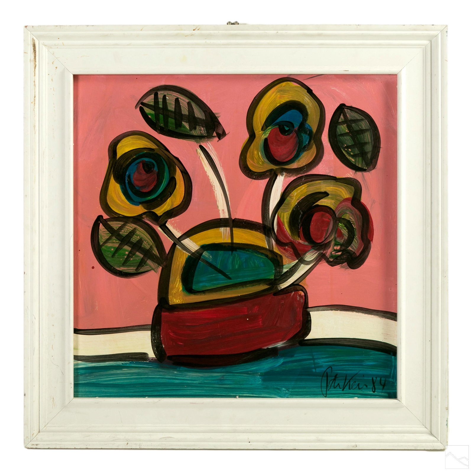 Peter Keil b.1942 Abstract Expressionist Painting: Peter Keil (German, born 1942). Expressionist oil painting on board, titled "Spring Flowers." Still life with flora and vase. Presented in a white Modern wood frame. Artist signed and dated lower righ