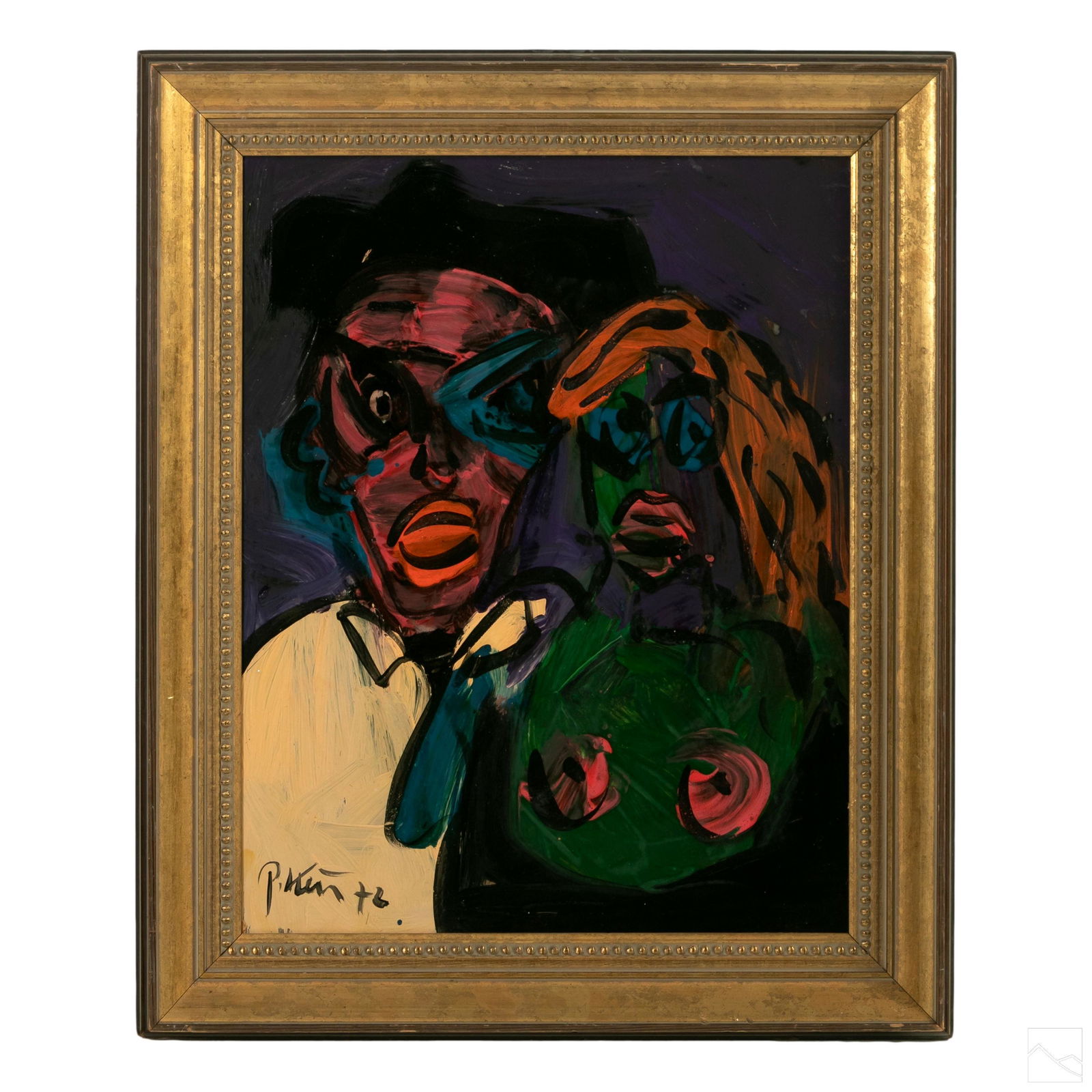 Peter Keil (b.1942) Expressionist Picasso Painting: Peter Keil (German, born 1942). Expressionist oil painting on board, titled "Picasso's Mistress." Two human figures, a seminude female to right. Presented in a decorative frame. Artist signed and date