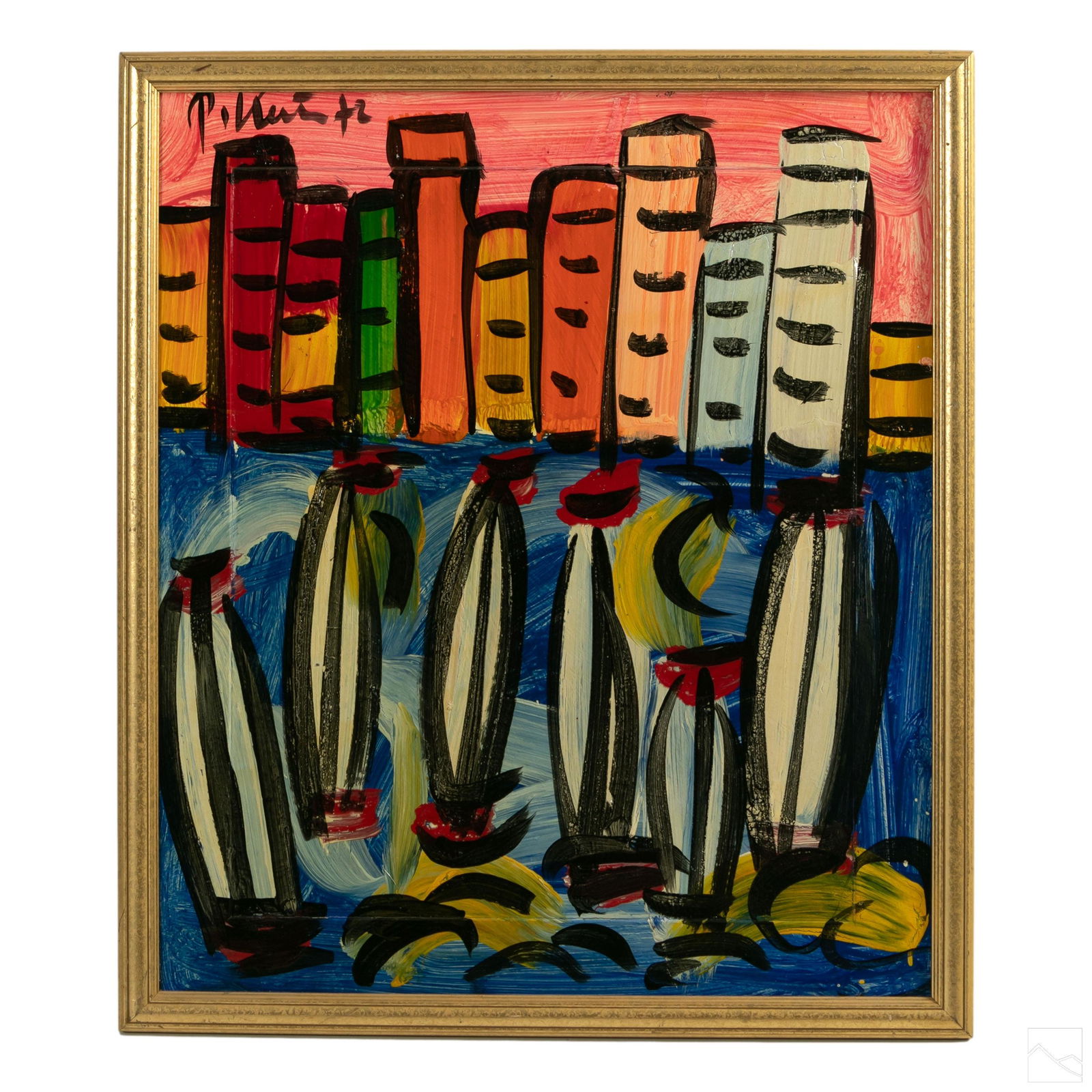 Peter Keil b.1942 Abstract Expressionist Painting: Peter Keil (German, born 1942). Expressionist oil painting on board, titled "Miami Skyline." An abstract landscape with boats and the ocean to foreground and skyscraper forms to background. Presented