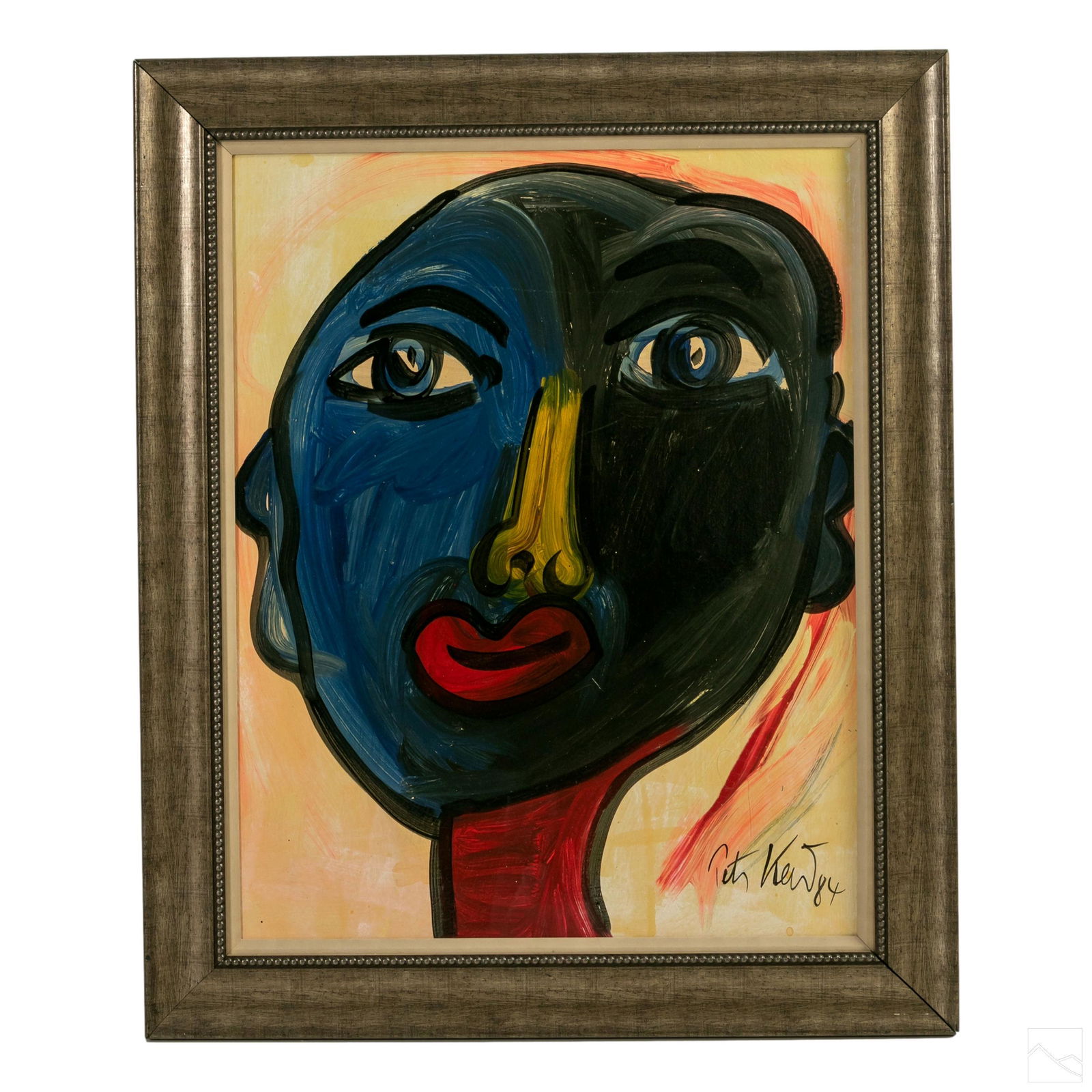 Peter Keil b.1942 Expressionist Portrait Painting: Peter Keil (German, born 1942). Expressionist oil painting on board, titled "Mallorca." An abstract portrait of a woman. Presented in a decorative frame. Artist signed and dated lower right PETER. KEI