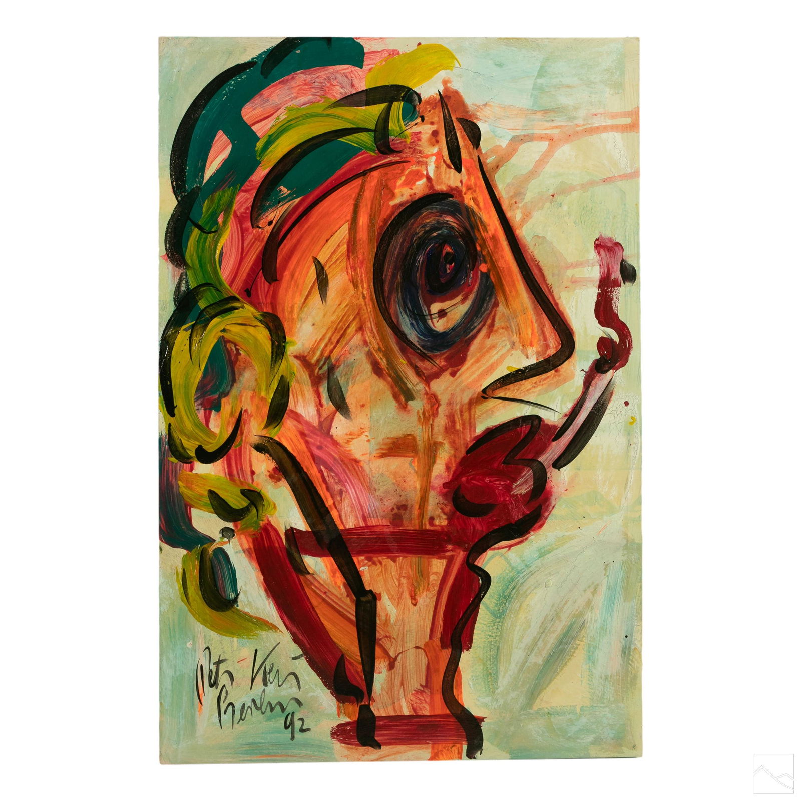 Peter Keil b.1942 Expressionist Portrait Painting: Peter Keil (German, born 1942). Expressionist oil painting on canvas, titled "Hot Lips." An abstract portrait of a woman smoking a cigarette. Unframed. Artist signed and dated lower left PETER KEIL BE