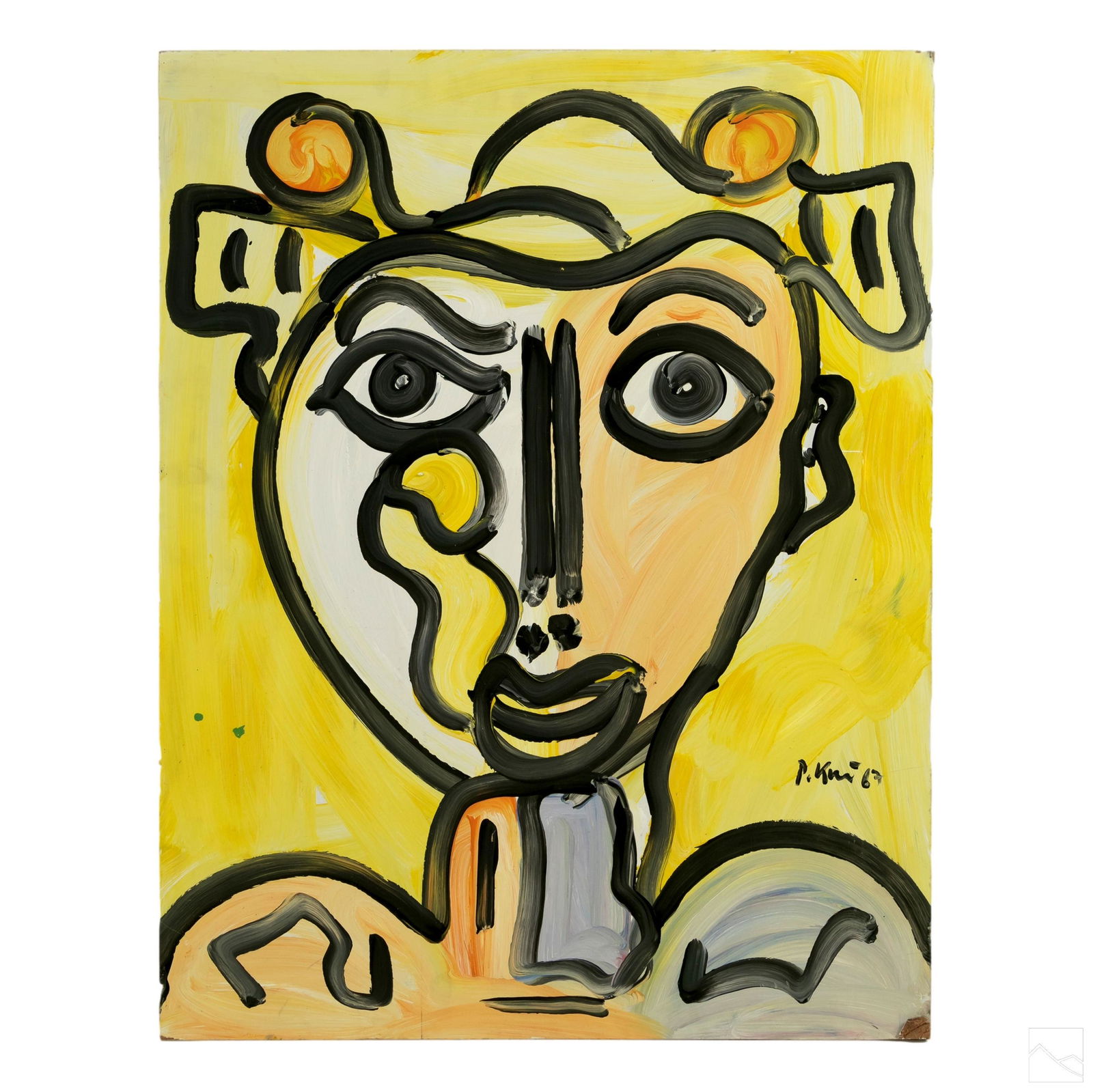 Peter Keil b.1942 Expressionist Portrait Painting: Peter Keil (German, born 1942). Expressionist oil painting on board, titled "Harlequin." An abstract portrait of a youth in a bright yellow, lavender, and fleshtone palette. Unframed. Artist signed an