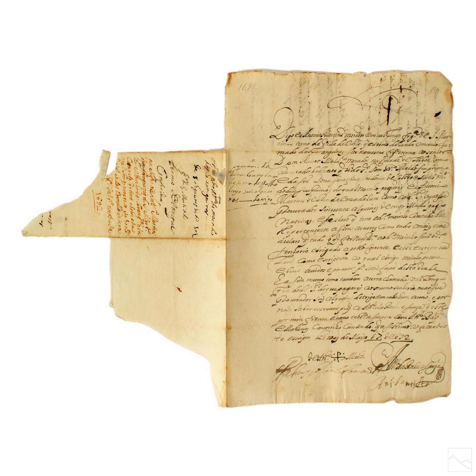 17th Cent Age of Sail 1692 Antique Letter Document: 17th Century antique Age of Discovery document letter, handwritten in archaic Latin and Portuguese. A two sided sheet with overleaf, all with handwriting. Date of MAYO 17 1692 ("May 17, 1692") to bott