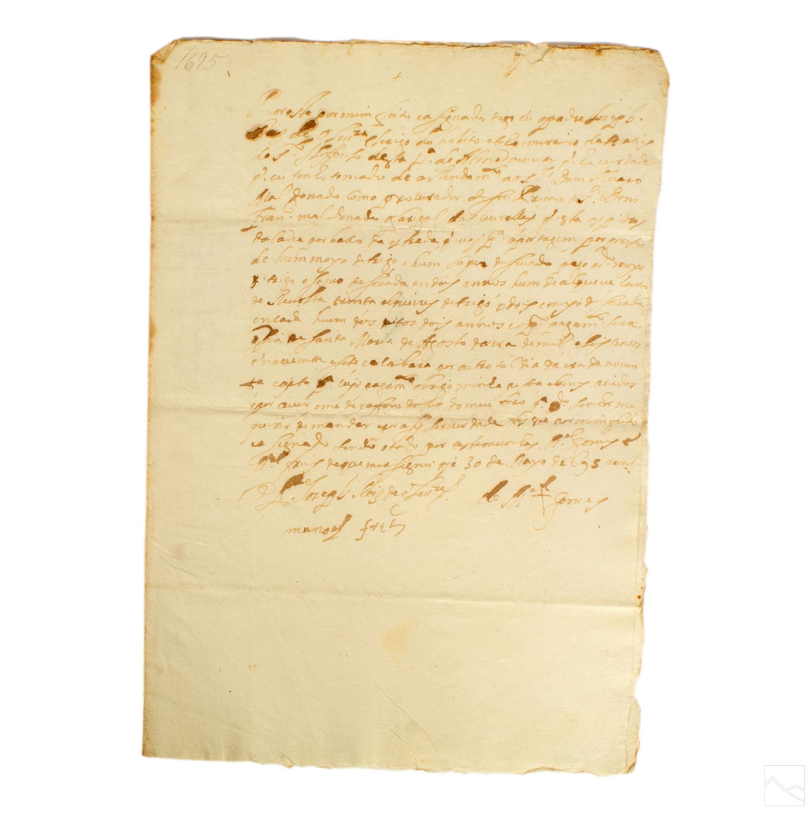 17th Cent Age of Sail 1695 Antique Letter Document: 17th Century antique Age of Discovery document letter, handwritten in archaic Latin and Portuguese. Two two sided sheets with overleaf, with handwriting on front and back cover pages. Date of 30 DE MA