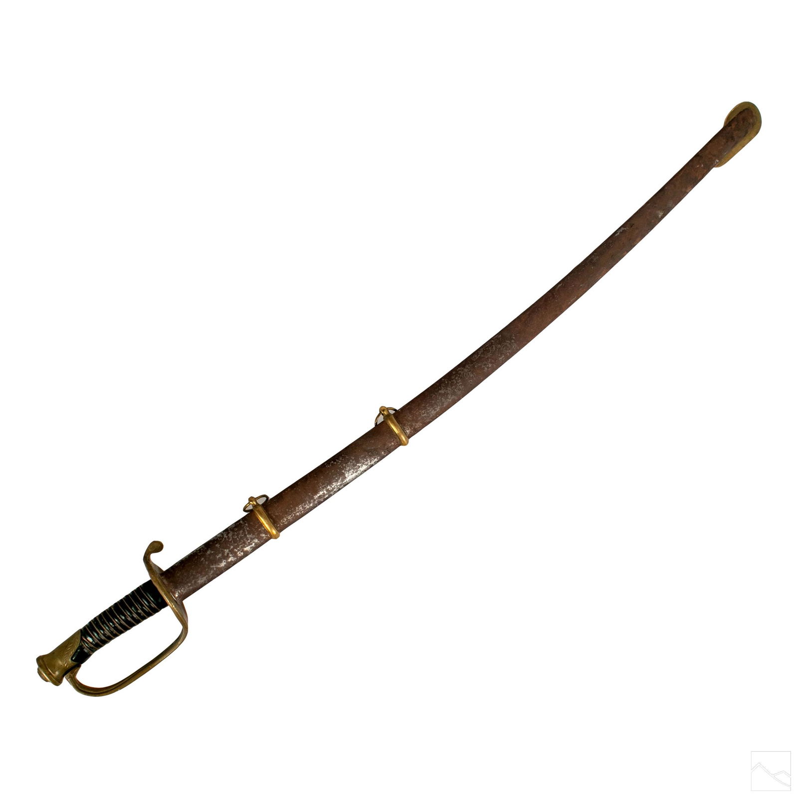 US Army Civil War Union Horse Cavalry Sword Saber: Civil War Era cavalry sword with wire wrapped leather grip and brass hand guard. Blade has relief designs on both sides, one with scrolling forms, shields, and the motto E PLURIBUS UNUM, the other sid