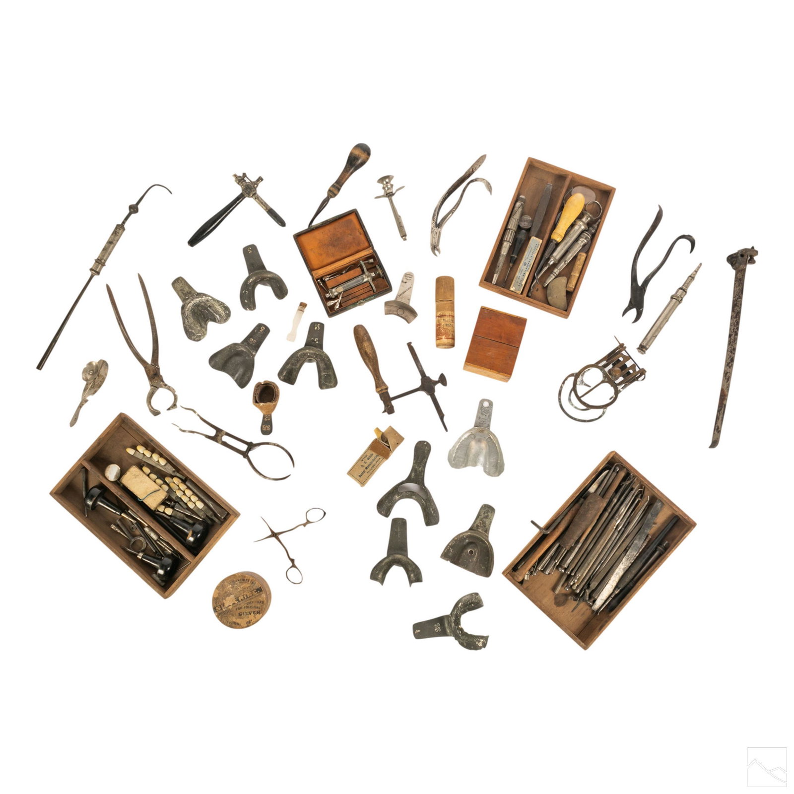 Medical Dental Antique Tool Instruments Collection: Collection of dental tools, appliances, and supplies. Includes a variety of metal tools from various manufacturers. SHIPPING Hill Auction Gallery will offer in-house continental USA shipping for $65 p