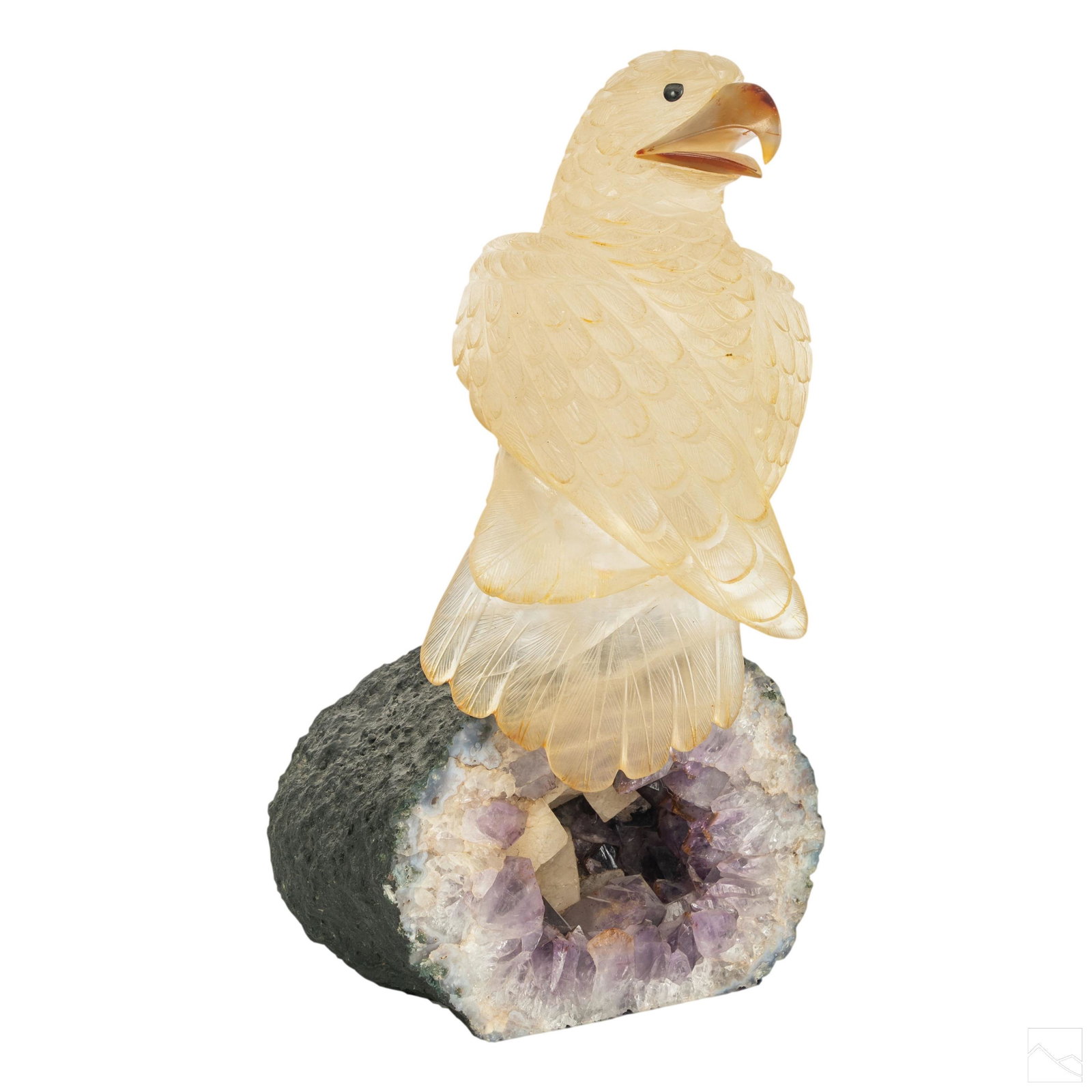 Carved Rock Crystal Parrot and Amethyst Geode Base: Fine carved rock crystal bird sculpture on an amethyst geode base. The body of the bird is rock crystal with carved agate beak and metal feet that rest into the natural geode base. SHIPPING Hill Aucti