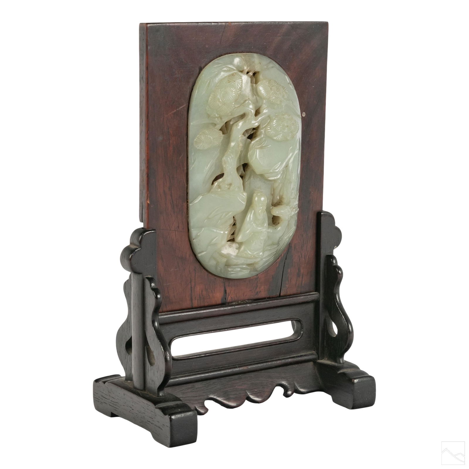 Chinese Antique Jade Reticulated Scholars Screen: Antique Chinese carved white jade scholars screen mounted to footed table screen. Depicts landscape scene with bearded wise man, and a deer. SHIPPINGHill Auction Gallery will offer in-house continenta