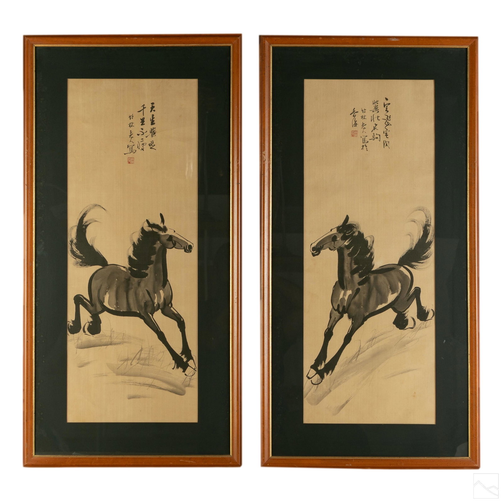 Chinese Galloping Horse Watercolor Paintings: Two vintage Chinese watercolor paintings on scroll fabric. In the style of Beihong Xu (Chinese, 1895-1953). Depicts galloping horses. Signed with red seal mark upper center. Housed in wood frame with 