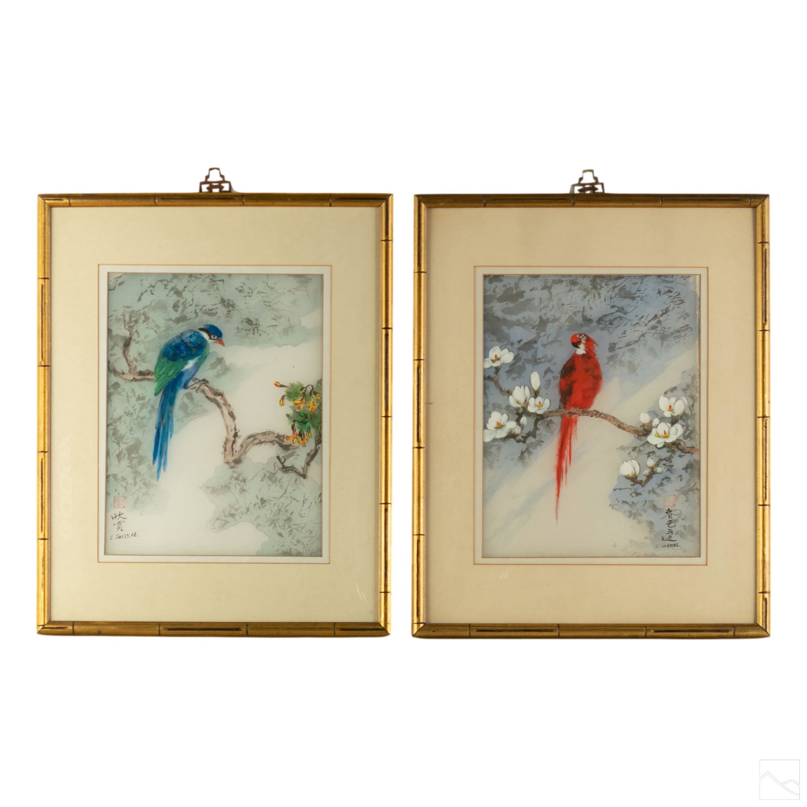 Chinese Birds Vintage Silk Paintings Estate Group: Two vintage Chinese paintings on silk. Includes (1) red parrot perched on branch with cherry blossoms, and (1) blue bird perched on branch with yellow and orange flora. Each painting is signed with re