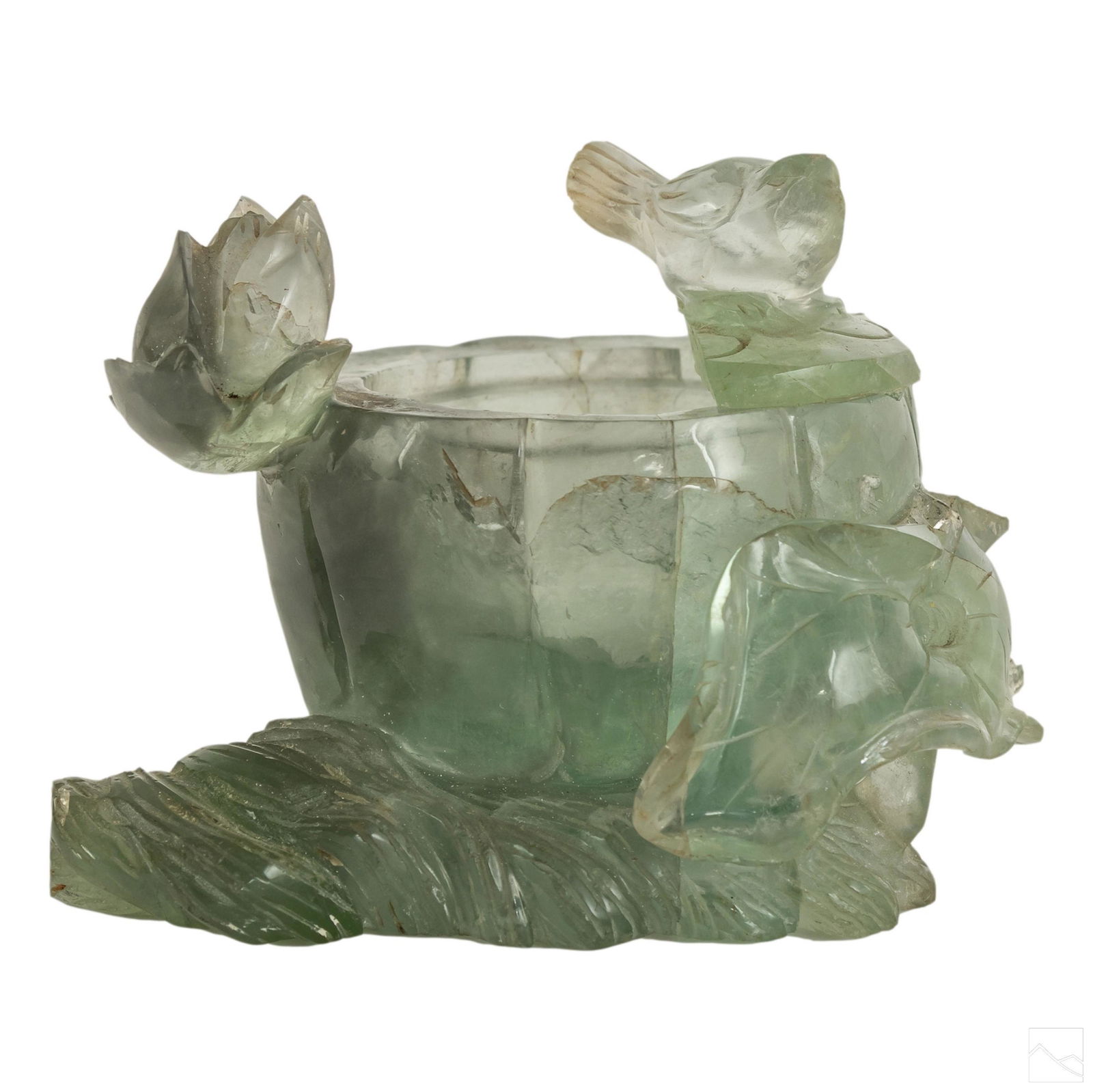 Chinese Antique Carved Fluorite Stone Wash Pot: Antique Chinese carved fluorite stone wash pot. Features fine carved lotus flower and bird motif. SHIPPINGHill Auction Gallery will offer in-house continental USA shipping for $35 plus insurance. Gall