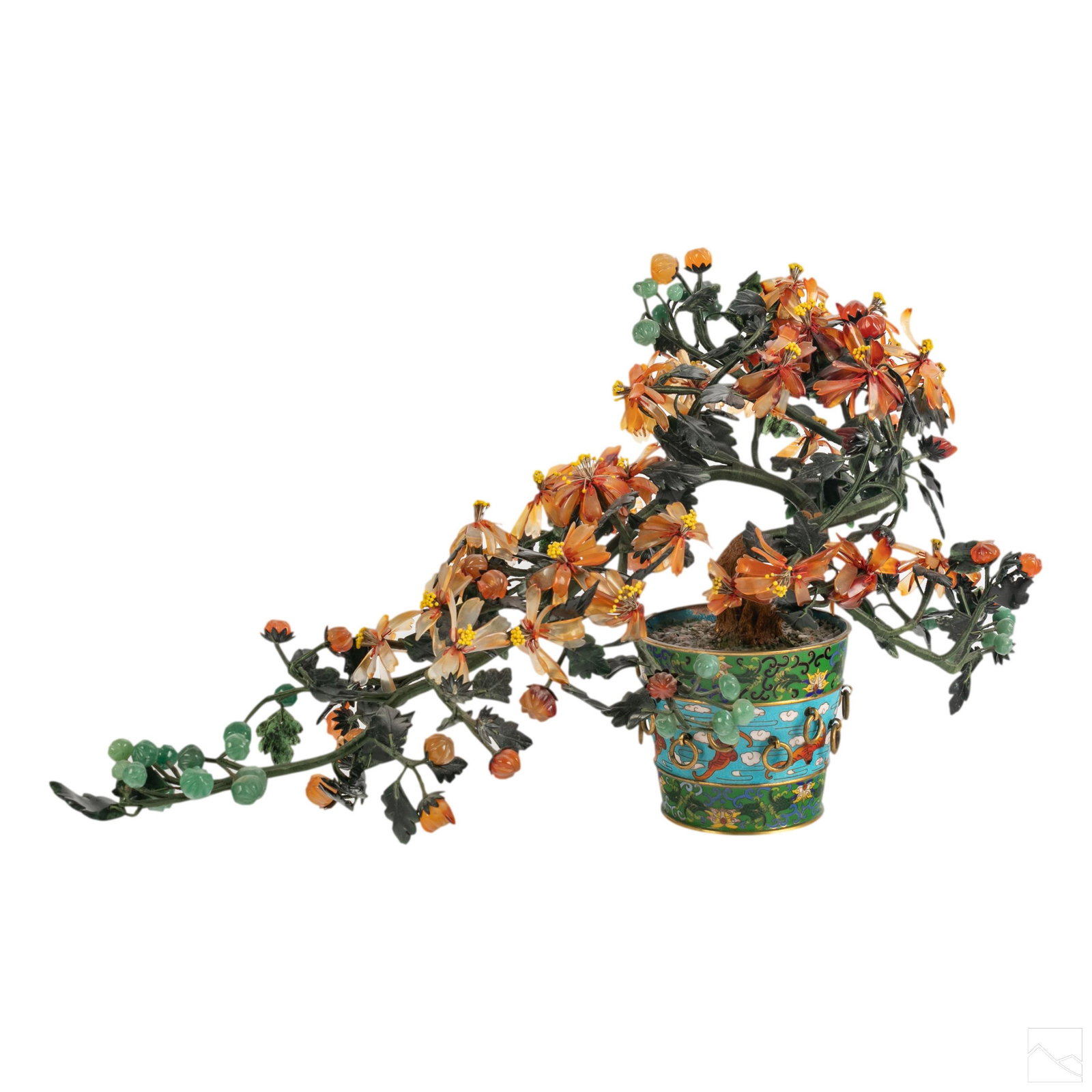 Chinese Antique Jade Bonsai Tree In Cloisonne Vase: Chinese polychrome bonsai tree. Features finely carved jade and semi-precious stones in a cloisonne planter, adorned with bronze rings. SHIPPINGHill Auction Gallery will offer in-house continental USA