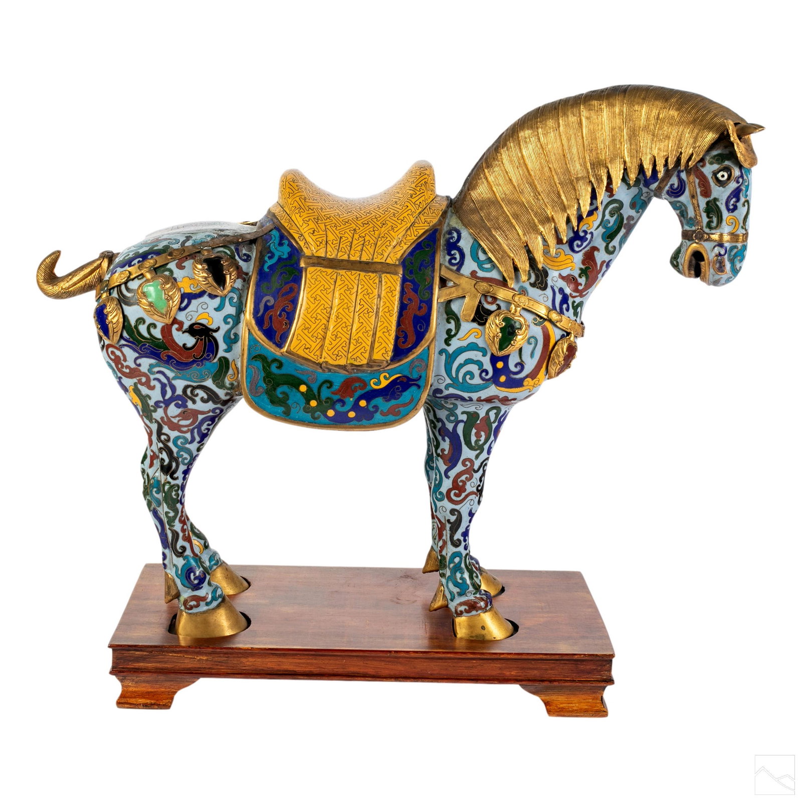 Chinese Tang Style Cloisonne Enamel Horse On Base: Vintage Chinese Tang style cloisonne horse on wood base. Polychrome enamel motif with yellow saddle and ornamented accents. Includes fitted wood display base. SHIPPING Hill Auction Gallery will not sh