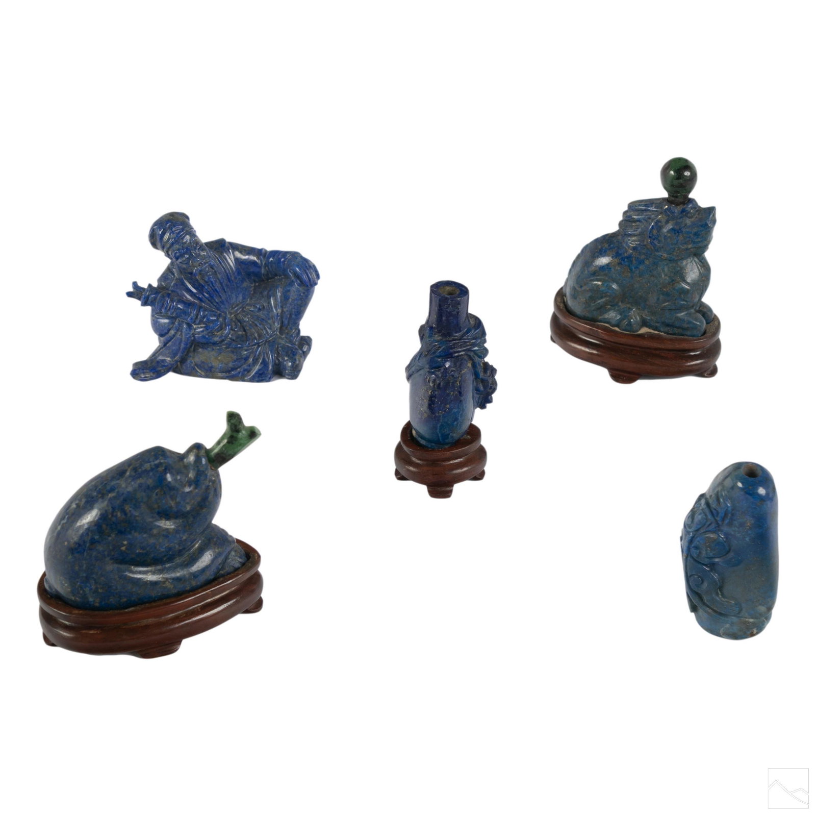 Chinese Lapis Snuff Bottle and Figurine Collection: Estate lot of five Chinese carved lapis lazuli gemstone snuff bottles and figures. Includes (1) carved lapis scholar holding a scroll with dragon motif, (1) carved bear shape figure playing horn, (1) 