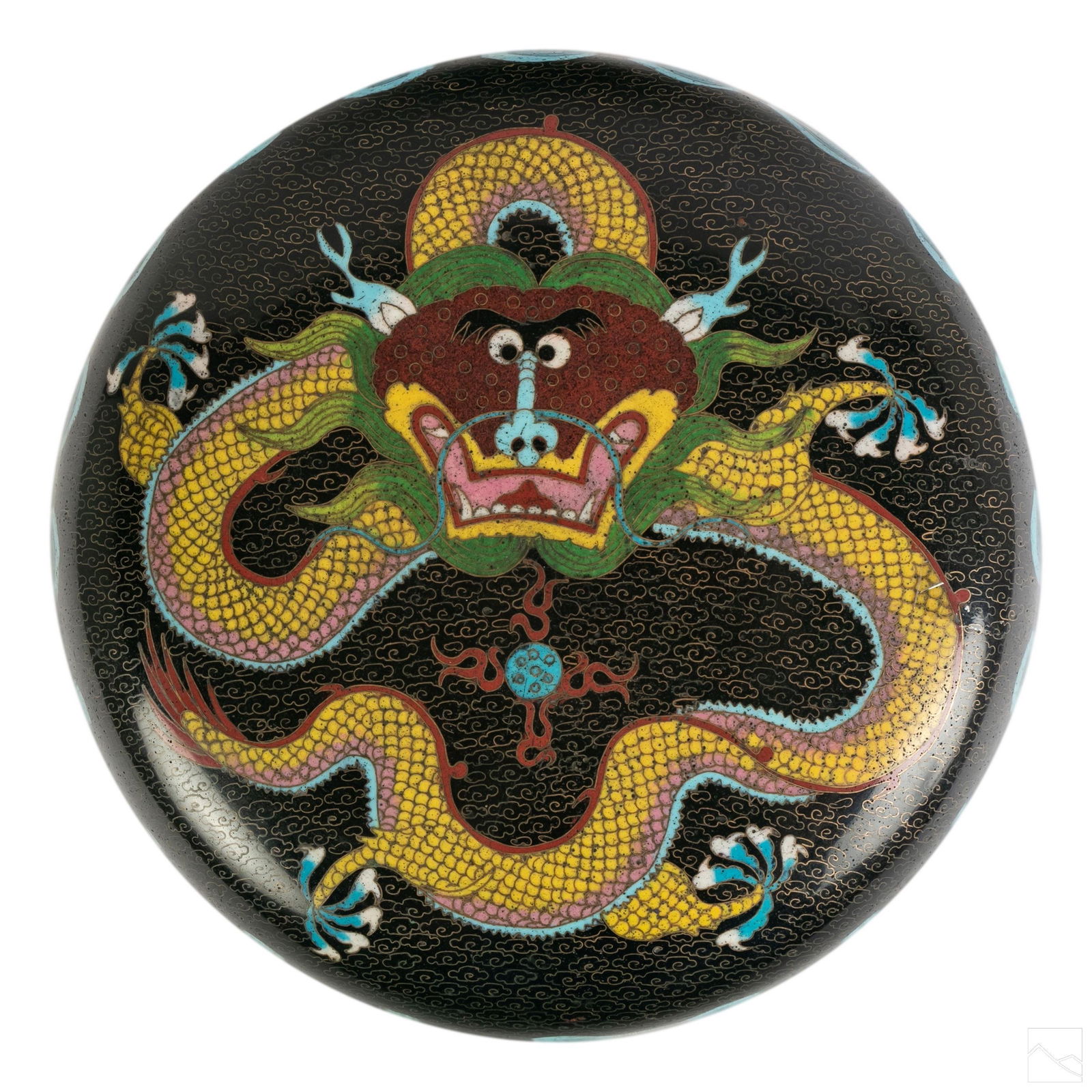 Chinese 19C. Antique Cloisonne Covered Dragon Dish: 19th century Chinese antique Great Qing Dynasty cloisonne covered bowl. Polychrome five toed dragon with blue wave motif trim. Royal blue enameled interior. SHIPPINGHill Auction Gallery will offer in-