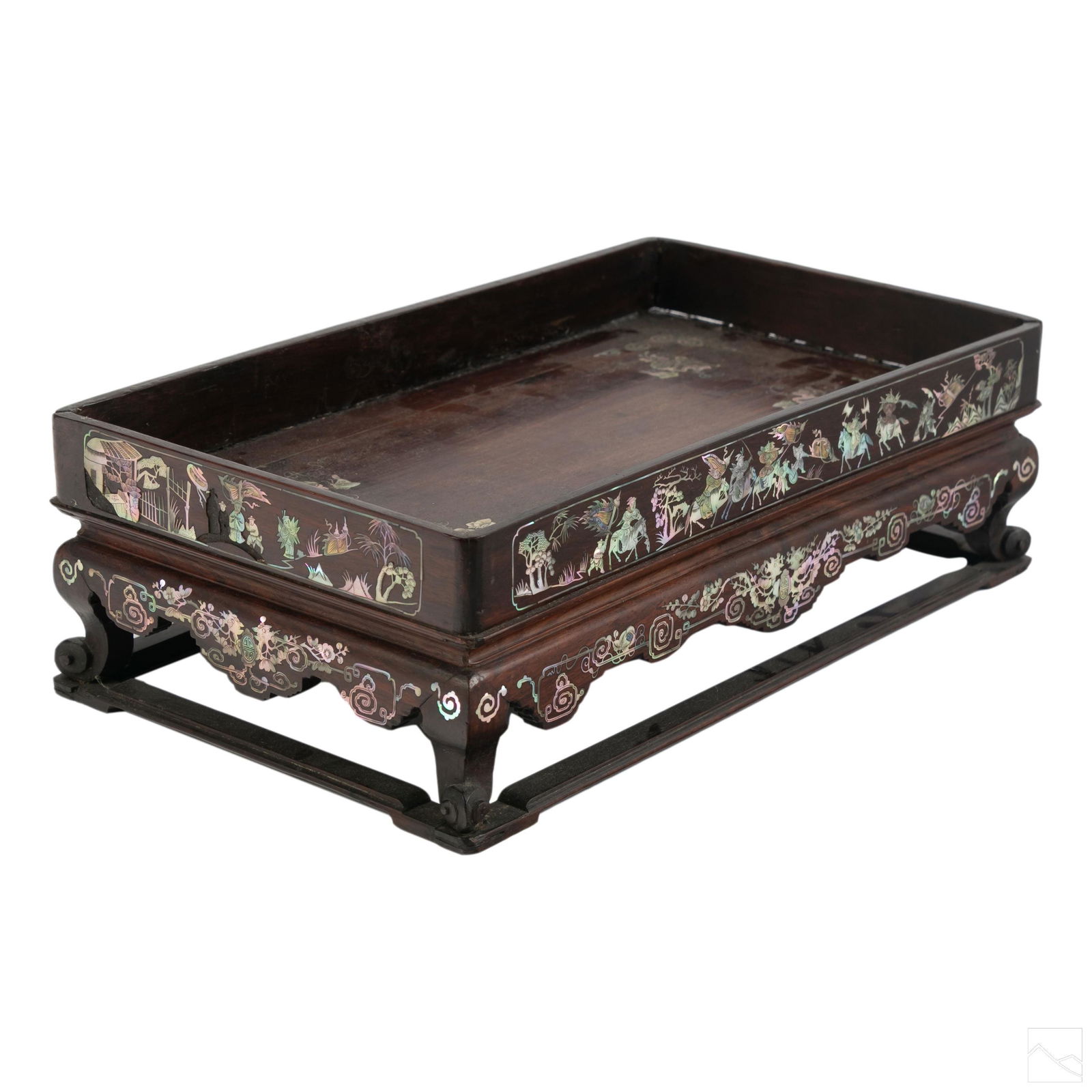Chinese Antique Footed Mother of Pearl Inlaid Tray: Chinese antique wooden inlaid tray. Lacquered wood with mother of pearl inlay in encircling scenes of stylized flora, scholars and students, and warriors battling on foot and horseback. Central tray h