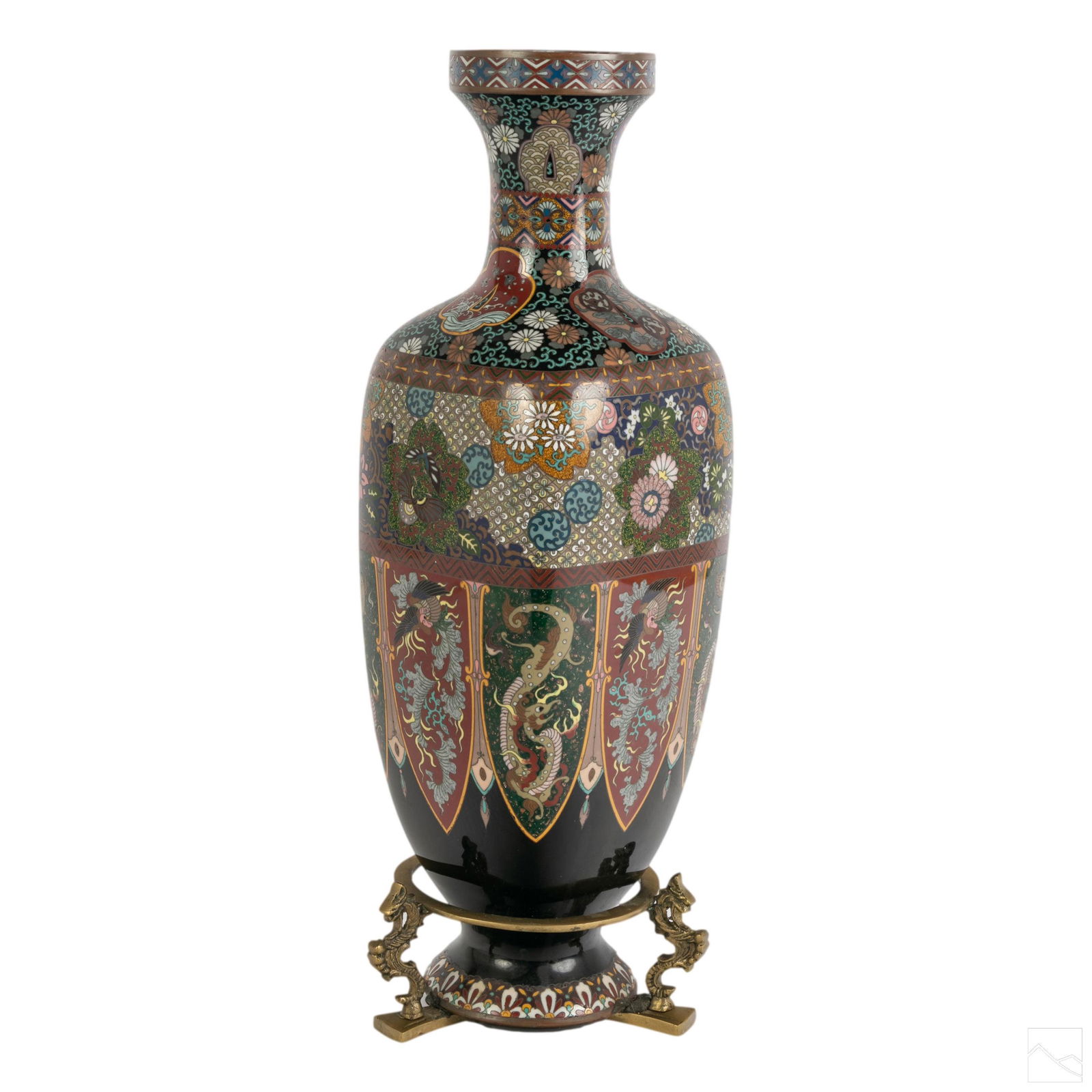 Japanese Antique Cloisonne Goldstone Dragon Vase: Antique Japanese goldstone cloisonne vase. Decorated with polychrome floral, dragon, and phoenix motif. Mounted with putty to ornate bronze serpent base. SHIPPINGHill Auction Gallery will offer in-hou