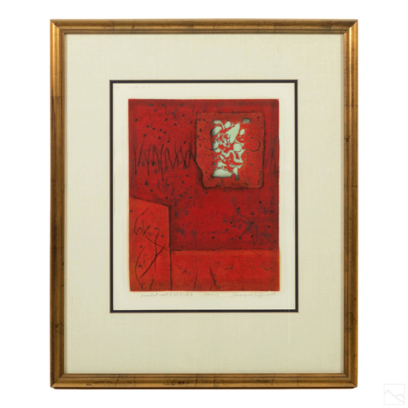 Tajima Hiroyuki (1911-1984) Japanese LE Woodblock: Tajima Hiroyuki (Japanese, 1911-1984). Numbered limited edition color woodblock print titled, "Scarlet Wall." Depicts a multicolored abstract image. Signed, titled, and numbered 17/100 to lower center
