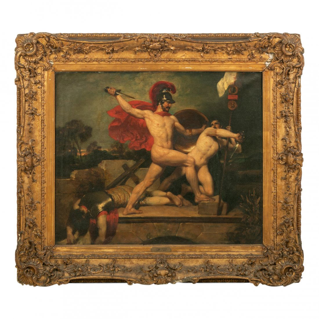 John Wood 1801-1870 Nude Alcibiades Oil Painting: John Wood (British, 1801-1870). An old master style oil painting on canvas. A nude study of Alcibiades, Greek general and statesmen, attacking with a sword. Artist signature lower right. Housed in orn