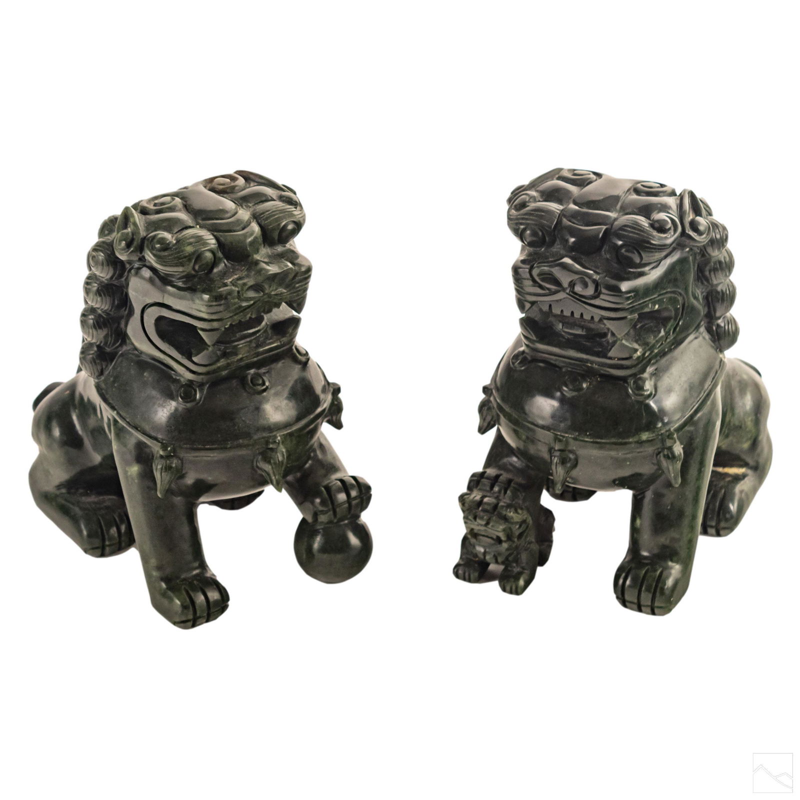 Chinese Pair Hardstone Spinach Jade Foo Dog Lions (1 of 6)
