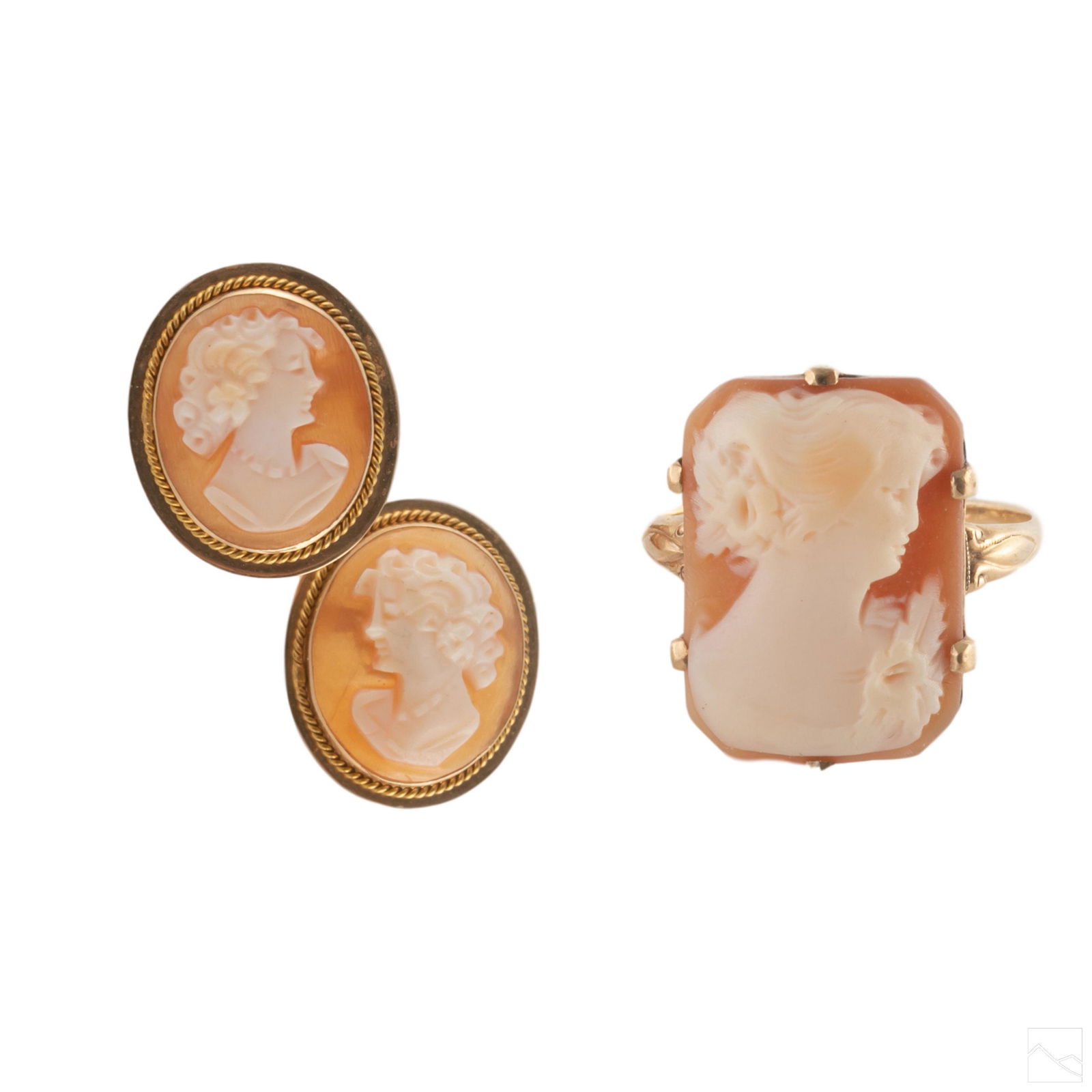14K Gold Vintage Carved Shell Cameo Ring, Earrings (1 of 10)