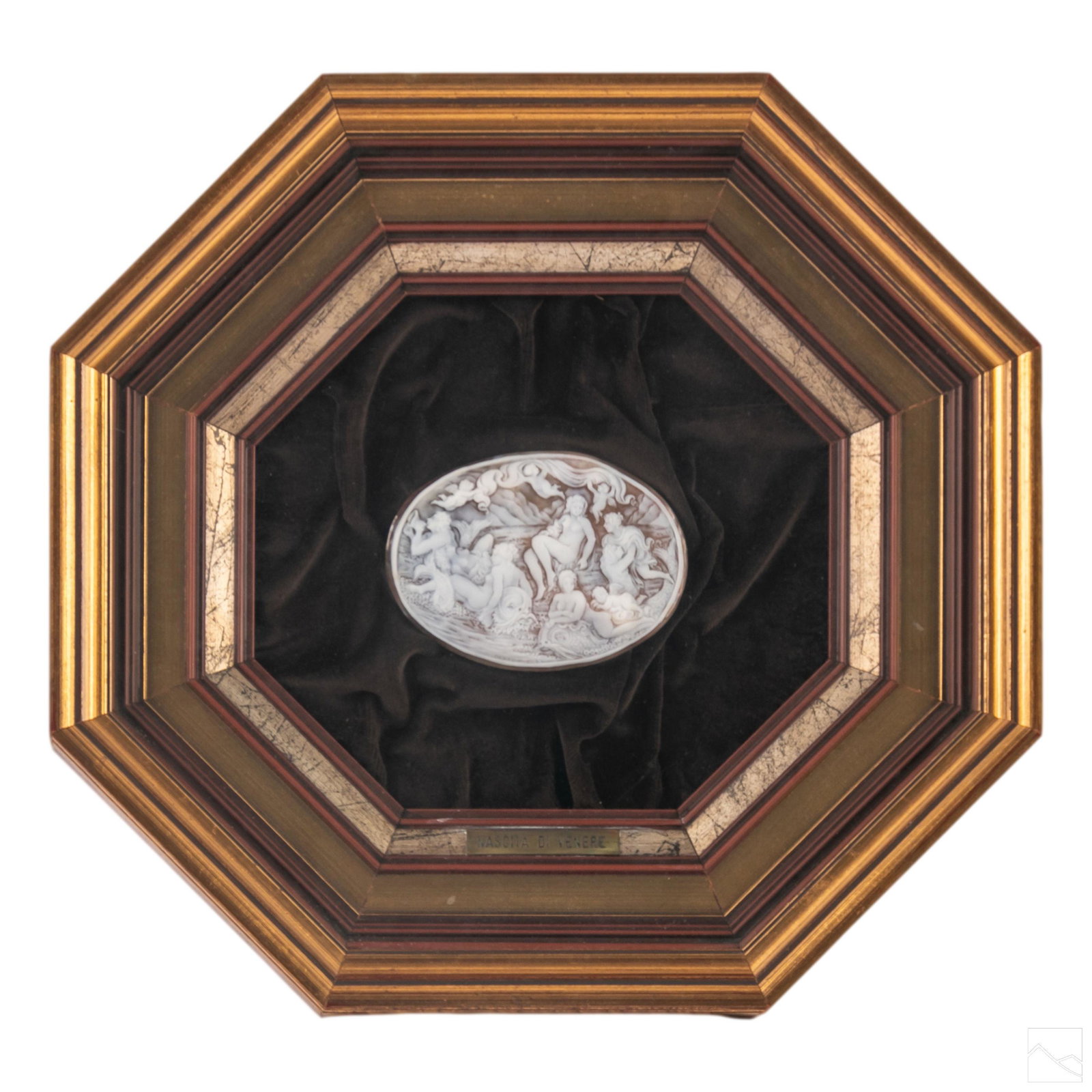 G Mazza Framed Figural Carved Birth of Venus Cameo: Large vintage Italian hand carved shell cameo by master G. Mazza. "Nascita Di Venere" or Birth of Venus depicts female nude figures with winged cherubs, old world dolphins and mermen in a gorgeous sea