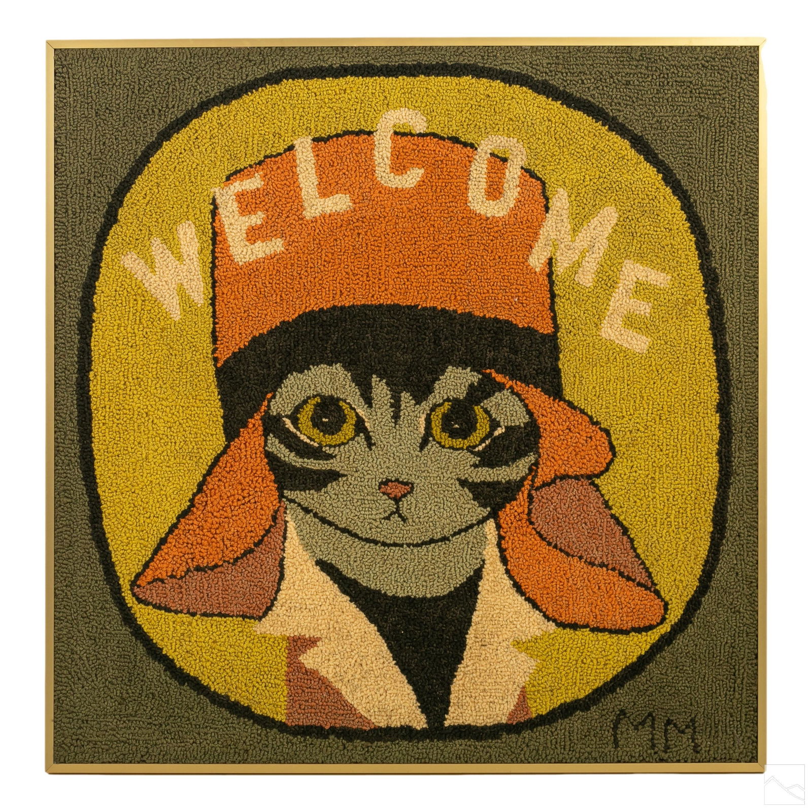 Mid Century Modern 36" Naive Hooked Rug Cat Art (1 of 6)