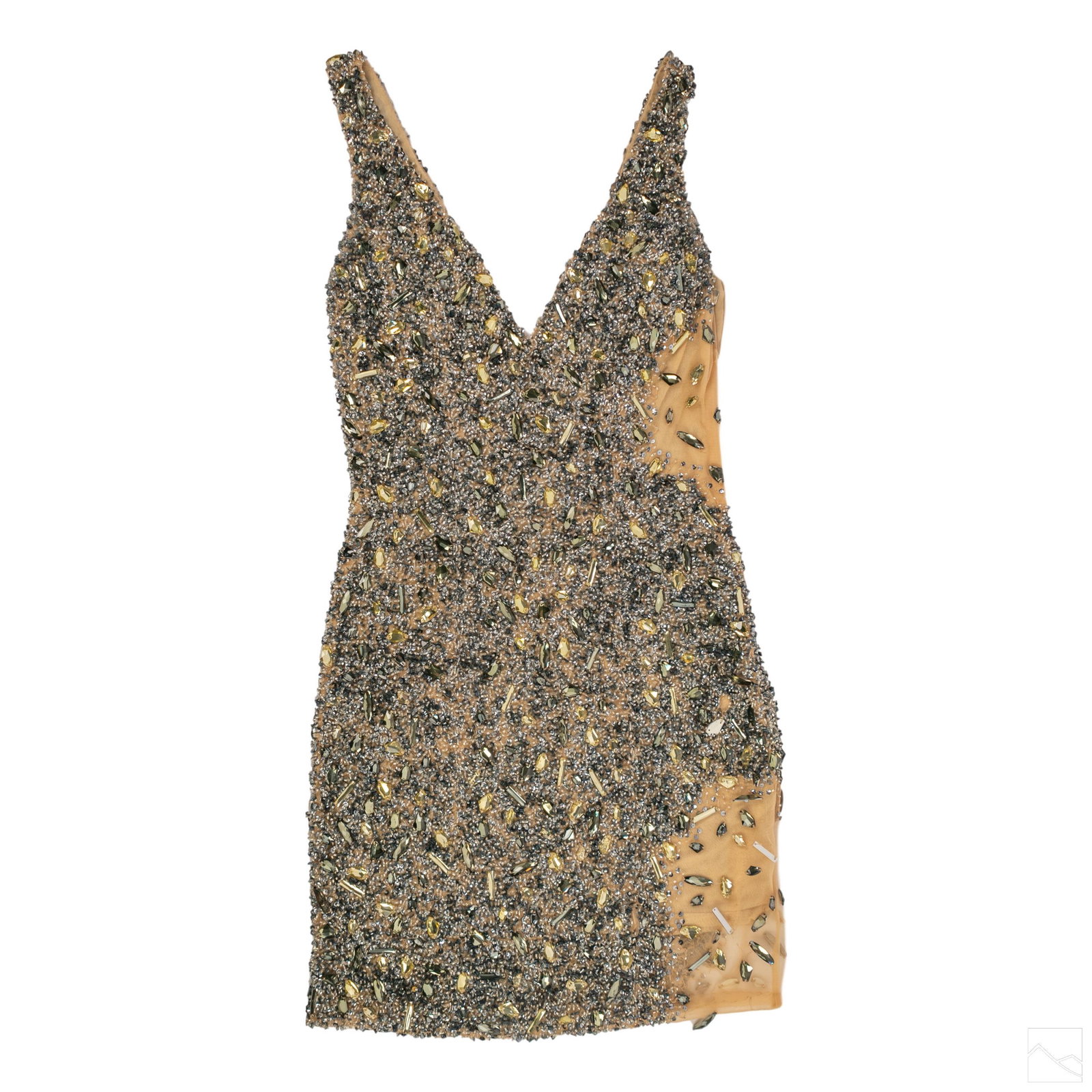 Jeffrey Dean Couture Embroider Jewel Evening Dress: Stunning embroidered sleeveless sequin dress by Jeffrey Dean Couture. Composed of heavy glass bead and stone in colors of grey, yellow and cream with tan sheer interior lining. Size small. Measures 28