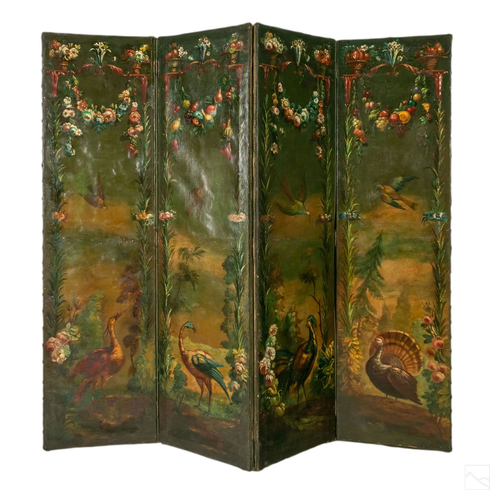 Flora and Birds Painted Antique Four Screen Panels (1 of 5)