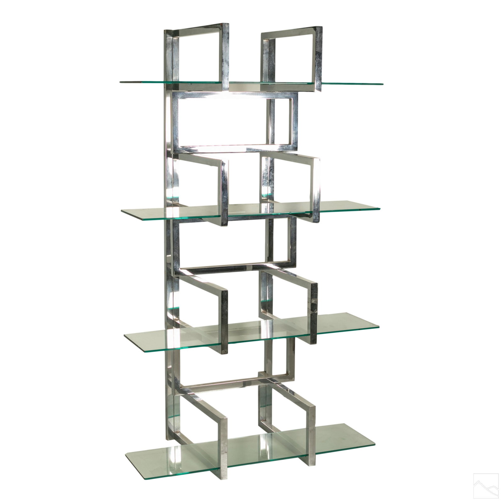 Milo Boughman Style 82" Chrome Glass Etagere Shelf: Milo Boughman style chrome glass etagere shelf.Each glass shelf piece measures 47 in. x 14 in. SHIPPING Hill Auction Gallery will not ship. Gallery will refer a local shipper for international buyers.
