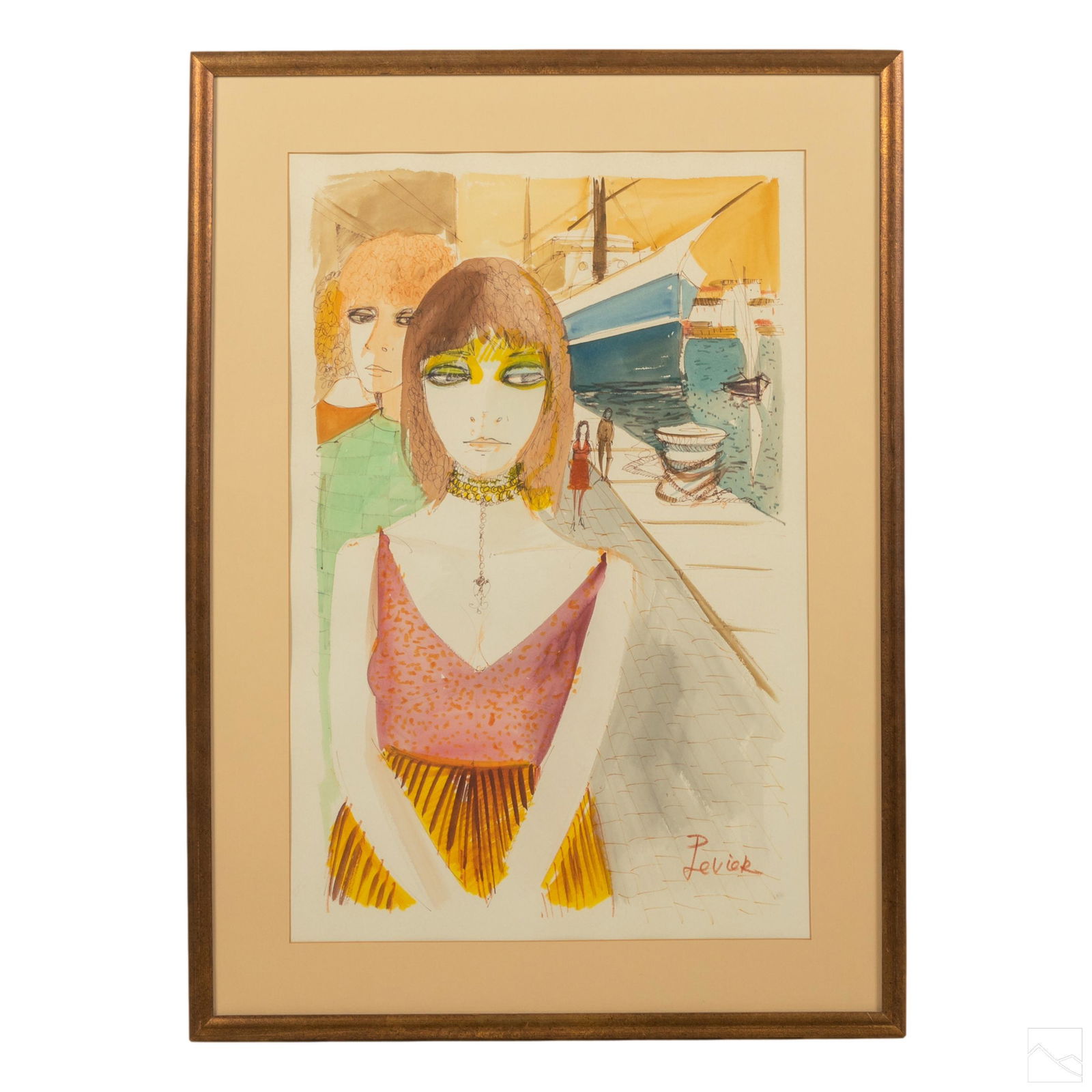 Charles Levier 1920â€“2003 Expressionist WC Painting: Charles Levier (American French, 1920â€“2003). Original signed Modern Expressionist watercolor painting, titled "Femmes Au Port." A cityscape with human figures, boats, and scenes from a port. Ar